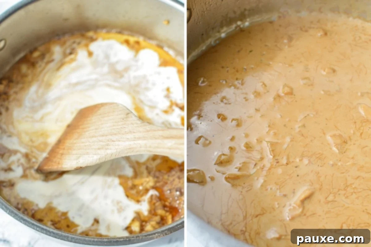 Simple Keto Low Carb Creamy Garlic Chicken Skillet 7 Scraping up the bottom of the skillet to incorporate everything into a creamy sauce.