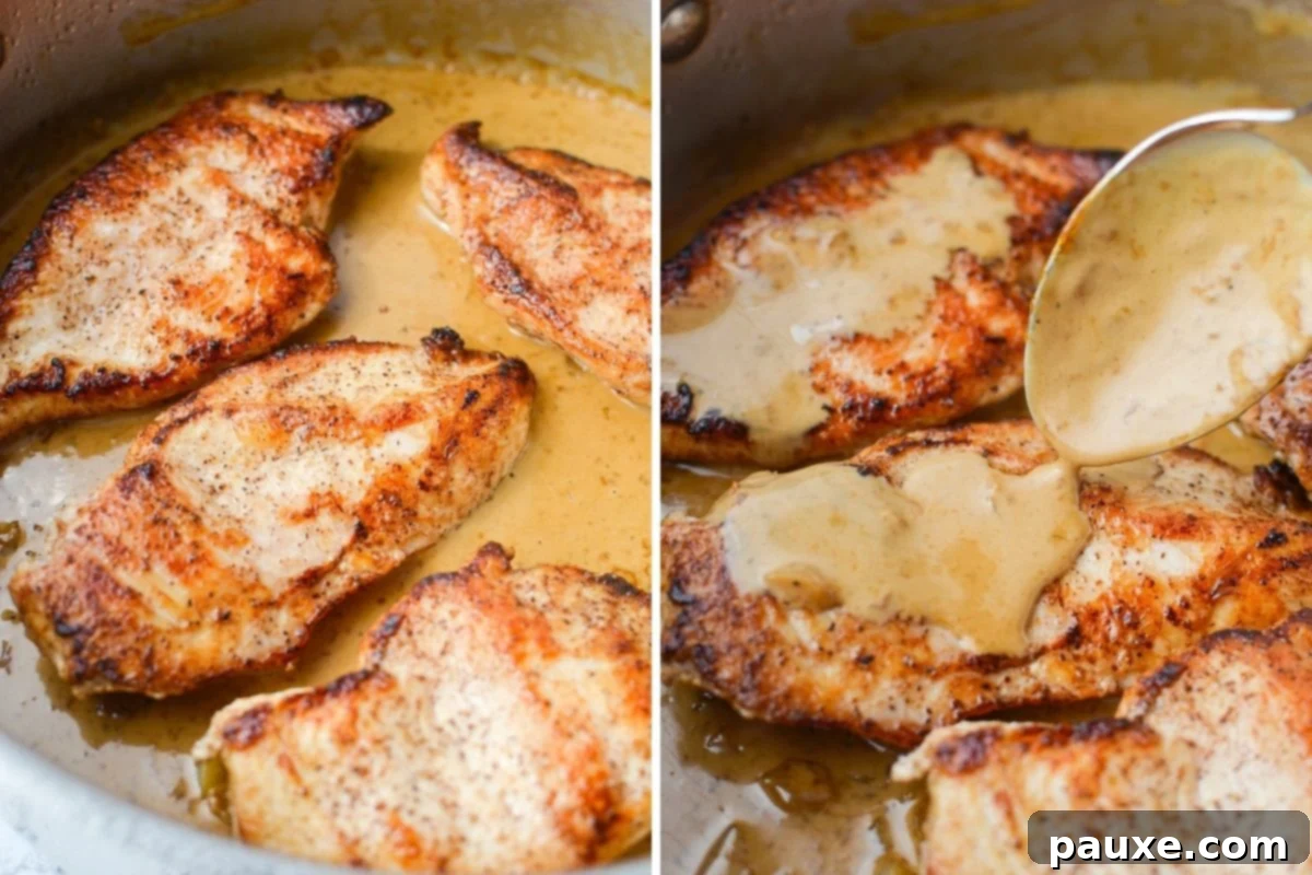 Simple Keto Low Carb Creamy Garlic Chicken Skillet 8 Adding chicken breasts back to a skillet to coat with sauce.