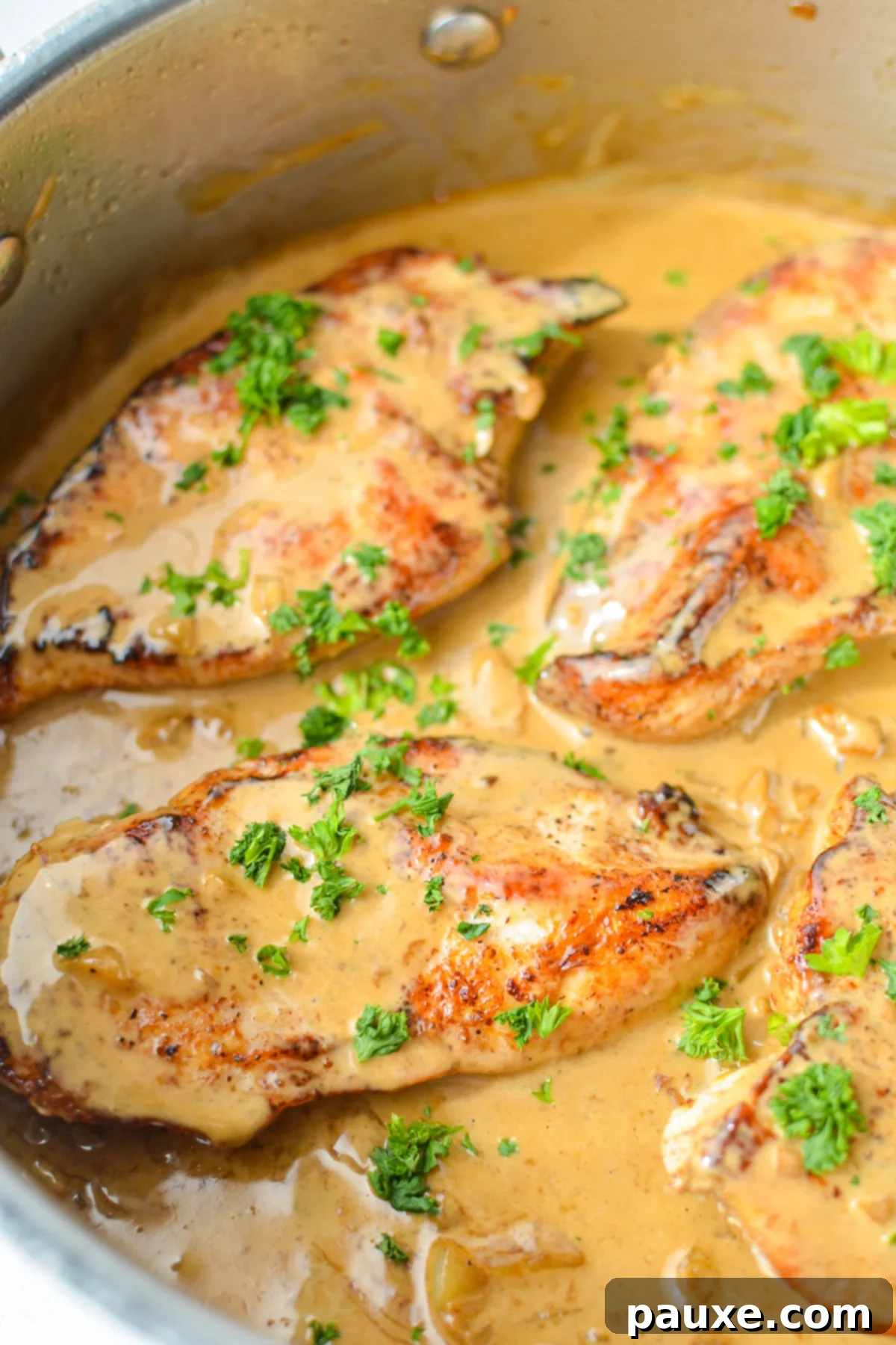 Simple Keto Low Carb Creamy Garlic Chicken Skillet 10 A close up of chicken breasts that have been cooked in a creamy garlic sauce.