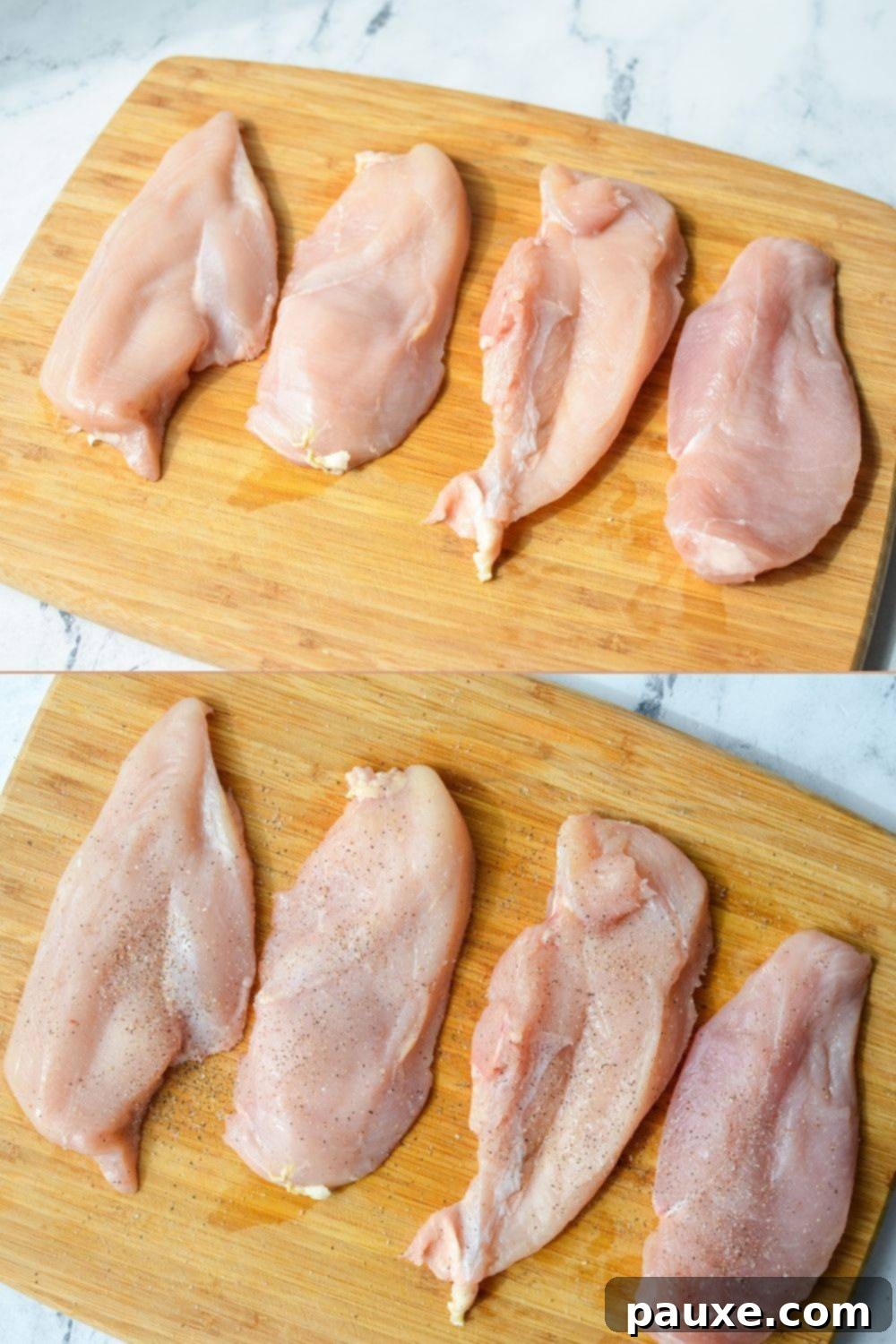 Velvety Roasted Red Pepper Chicken 4 Raw chicken breasts, sliced in half to create thinner cutlets, seasoned generously with salt and pepper on a cutting board.