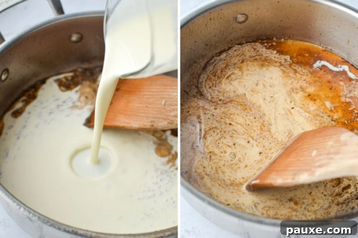 Velvety Roasted Red Pepper Chicken 6 Heavy cream being poured into a skillet with browned bits on the bottom, ready for deglazing and sauce making, with a wooden spatula nearby.
