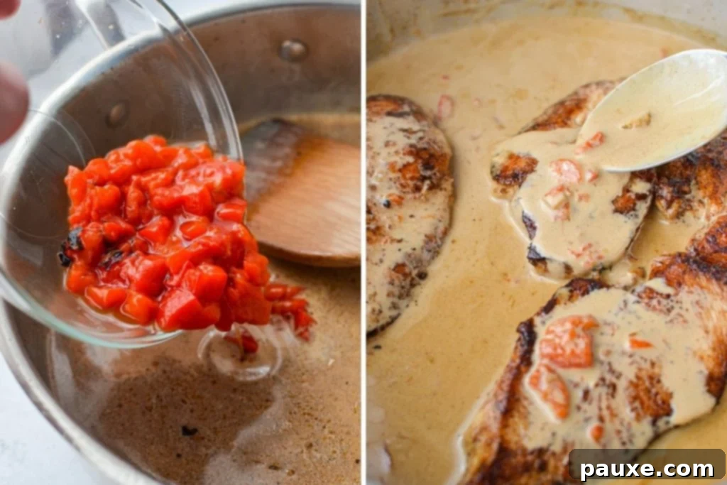 Velvety Roasted Red Pepper Chicken 7 Chopped roasted red peppers being added to the simmering cream and garlic mixture in a skillet, to create the vibrant sauce.