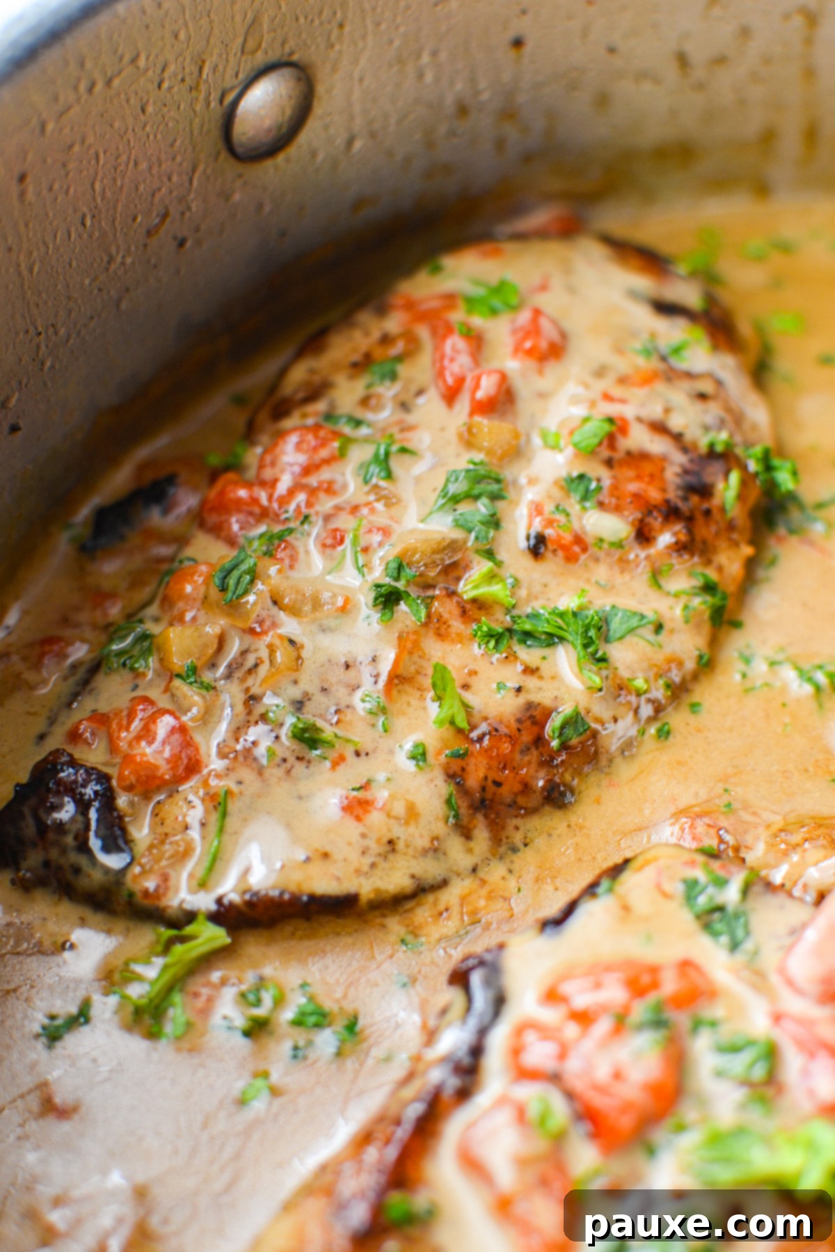 Velvety Roasted Red Pepper Chicken 8 A close-up shot of a tender chicken breast completely coated in the rich, creamy roasted red pepper sauce, adorned with fresh parsley.
