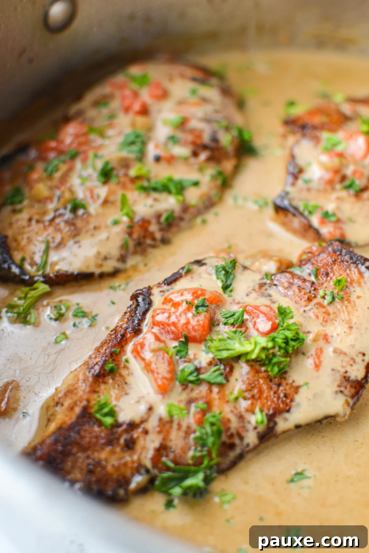 Velvety Roasted Red Pepper Chicken 9 A beautifully plated chicken breast, generously coated in the rich, creamy red pepper sauce, showcasing its vibrant color and luxurious texture.