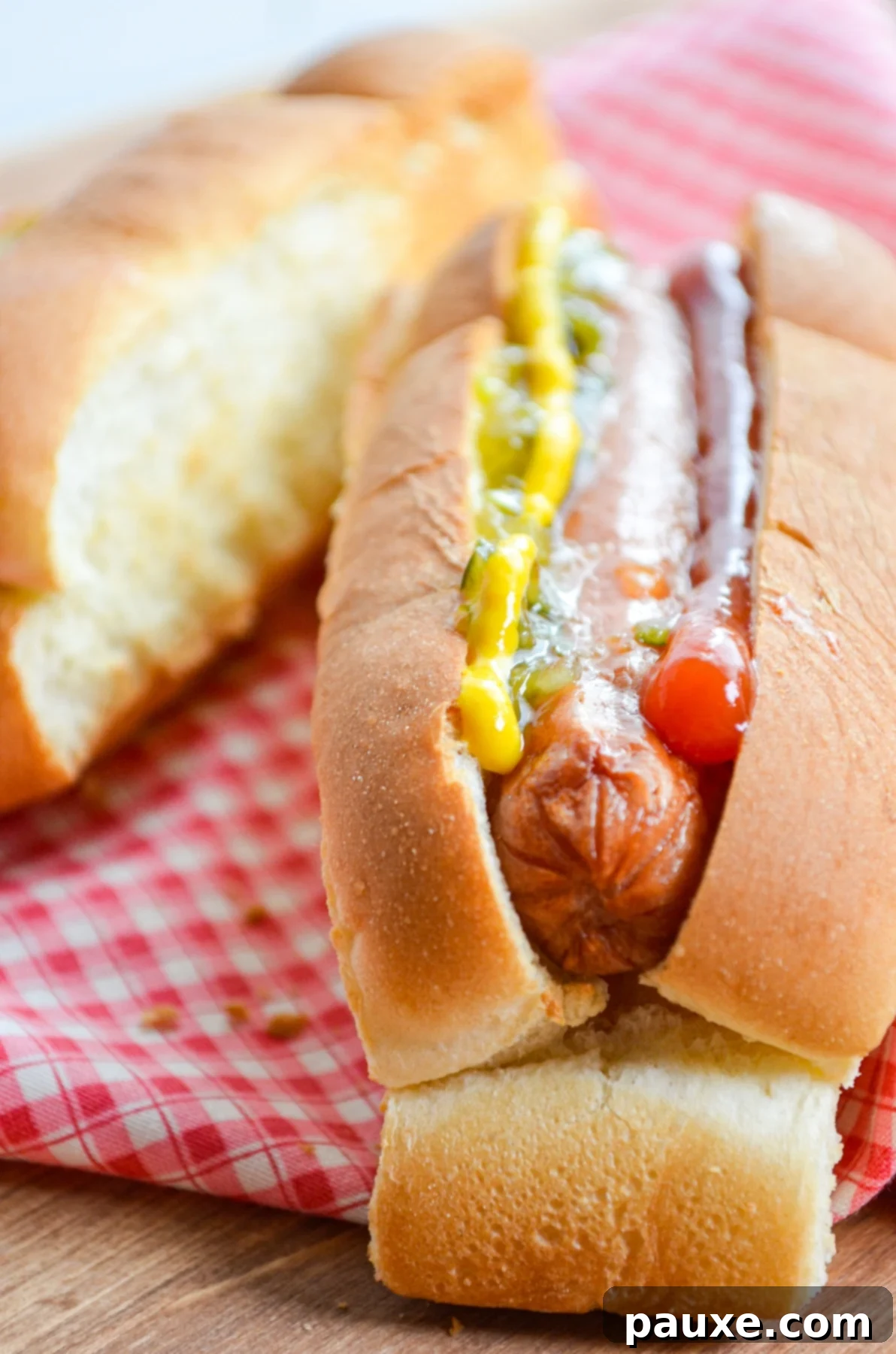 Crispy Air Fryer Hot Dogs and Toasted Buns 2 A classic hot dog prepared with ketchup, mustard, and relish.