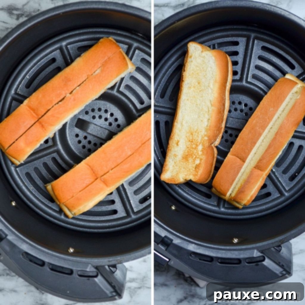 Crispy Air Fryer Hot Dogs and Toasted Buns 6 Toasted hot dog buns in the air fryer.