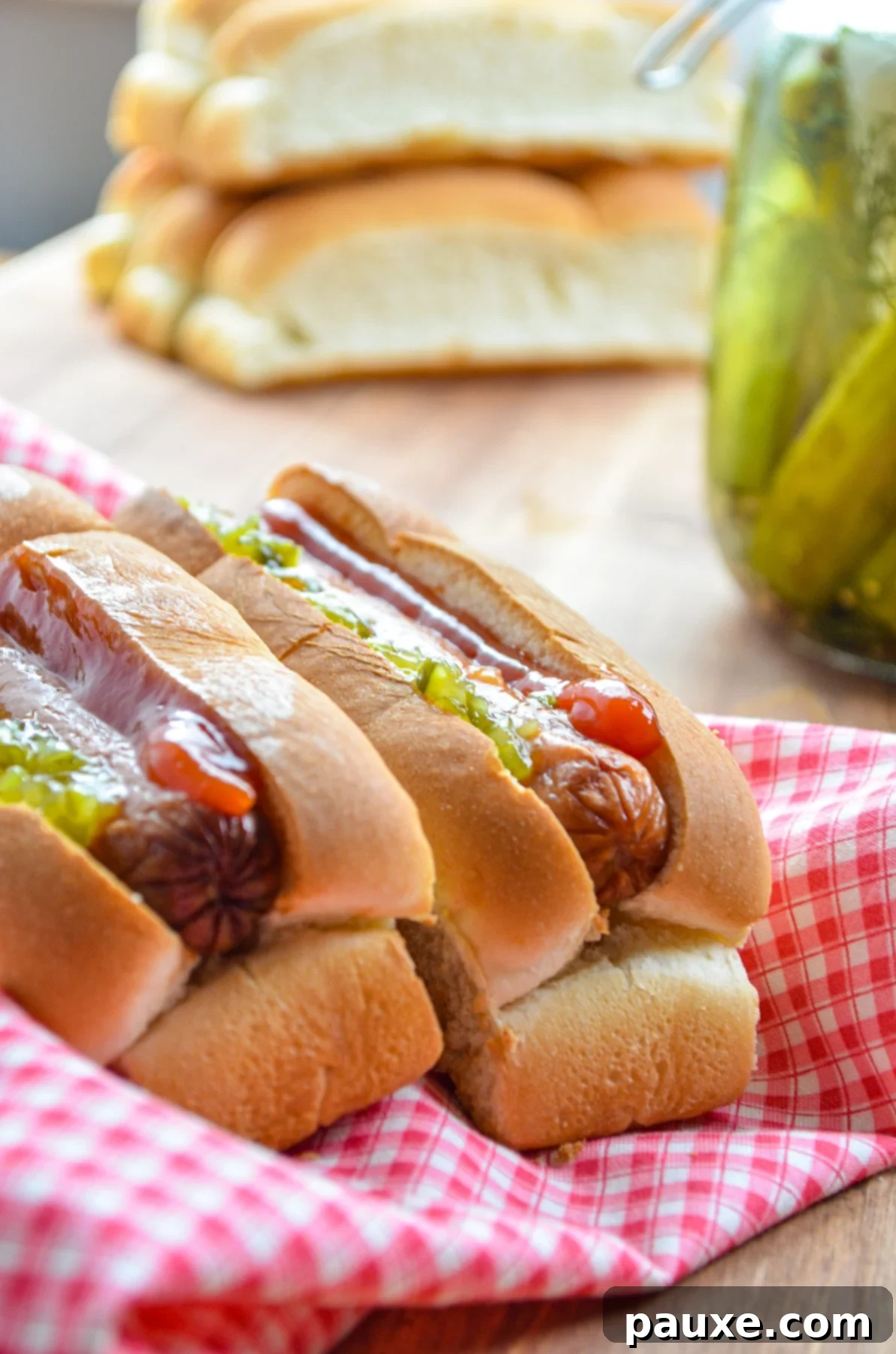 Crispy Air Fryer Hot Dogs and Toasted Buns 7 Hot dogs, prepared with toasted buns and classic toppings.