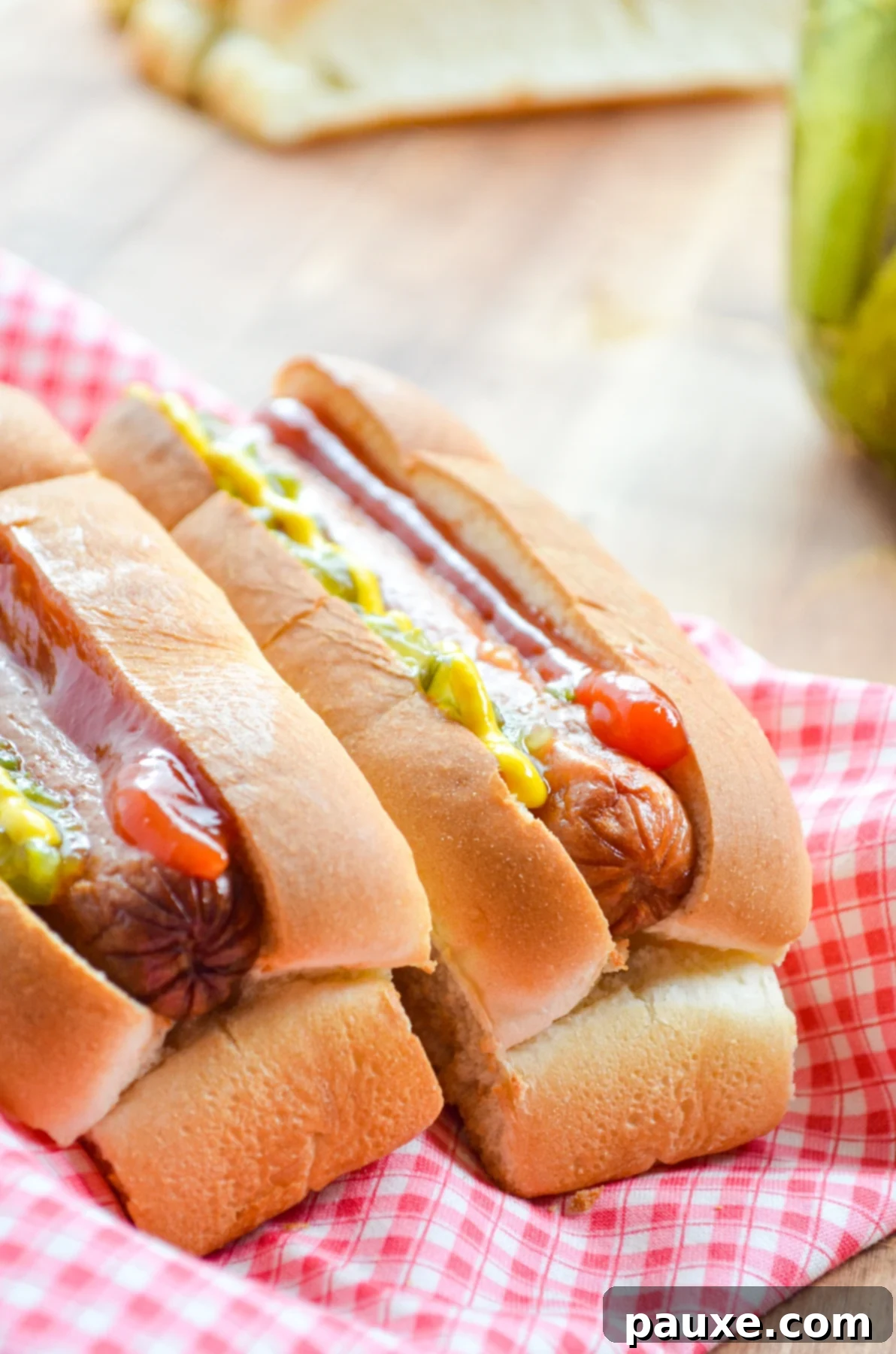 Crispy Air Fryer Hot Dogs and Toasted Buns 8 Two hot dogs, served in toasted buns and served with classic toppings.