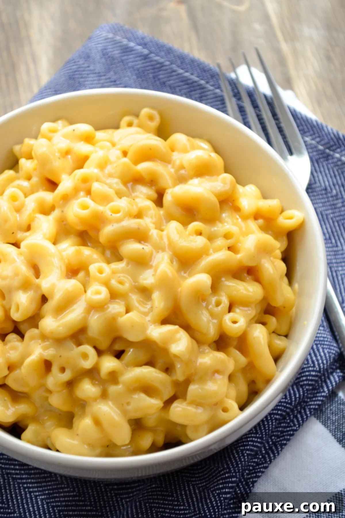 5-Ingredient Instant Pot Velveeta Mac and Cheese 3 A bowl of Mac and cheese on a blue napkin.