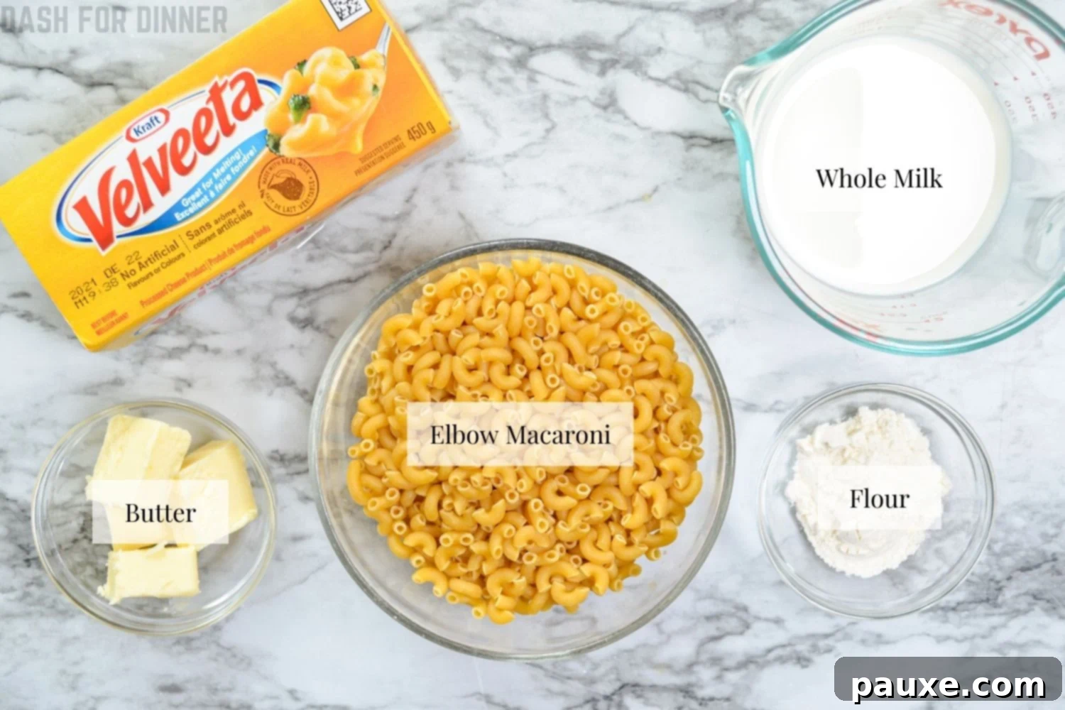5-Ingredient Instant Pot Velveeta Mac and Cheese 5 The ingredients needed to make 5 ingredient instant pot mac and cheese.