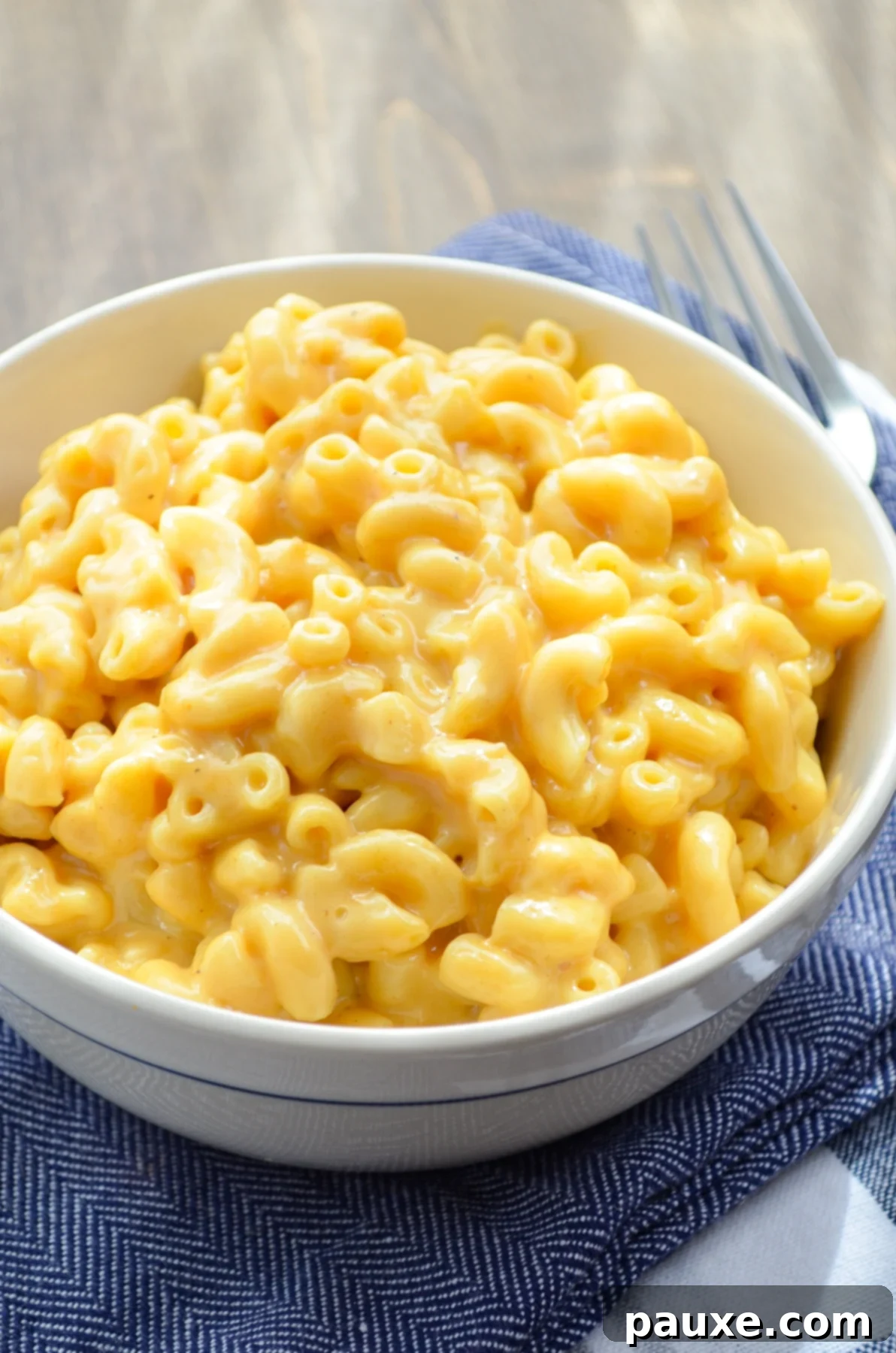 5-Ingredient Instant Pot Velveeta Mac and Cheese 9 A bowl of macaroni and cheese, resting on blue napkins.