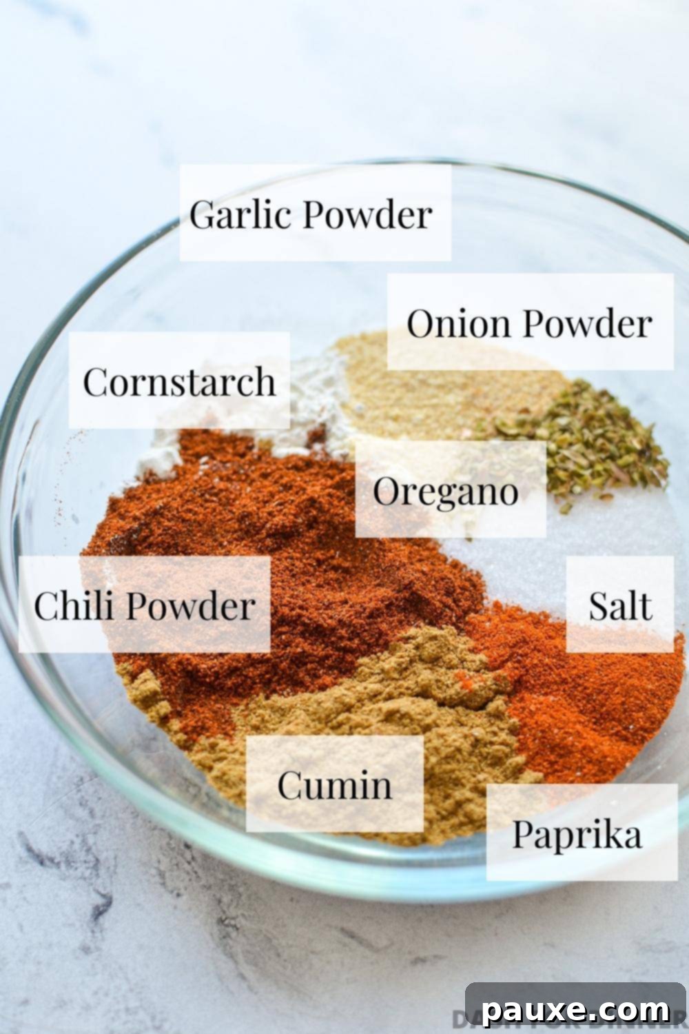 Taco Night Magic Spice 3 A bowl with various seasonings, labeled, that come together to make taco seasoning.