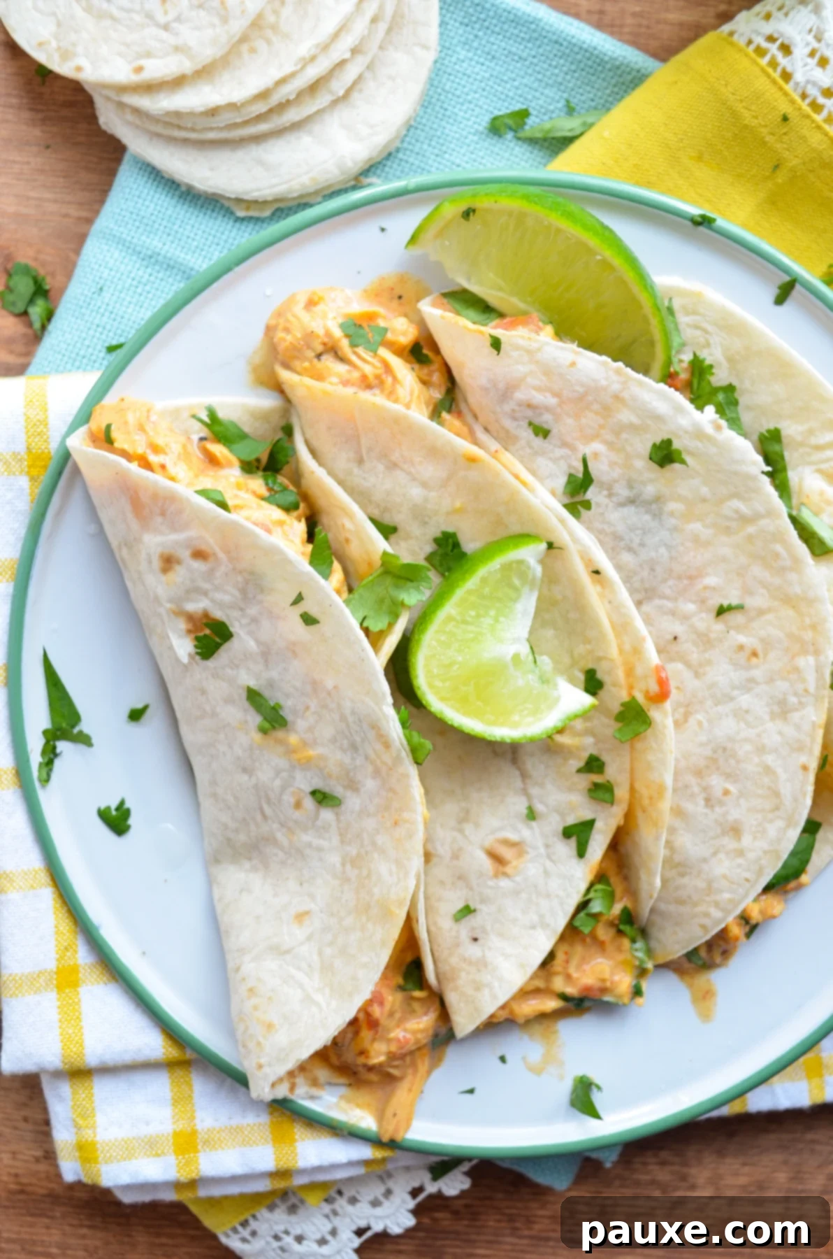 Creamy Slow Cooker Queso Chicken Tacos 2 Three chicken queso tacos on a plate, resting on bright napkins, garnished with fresh cilantro and lime wedges.