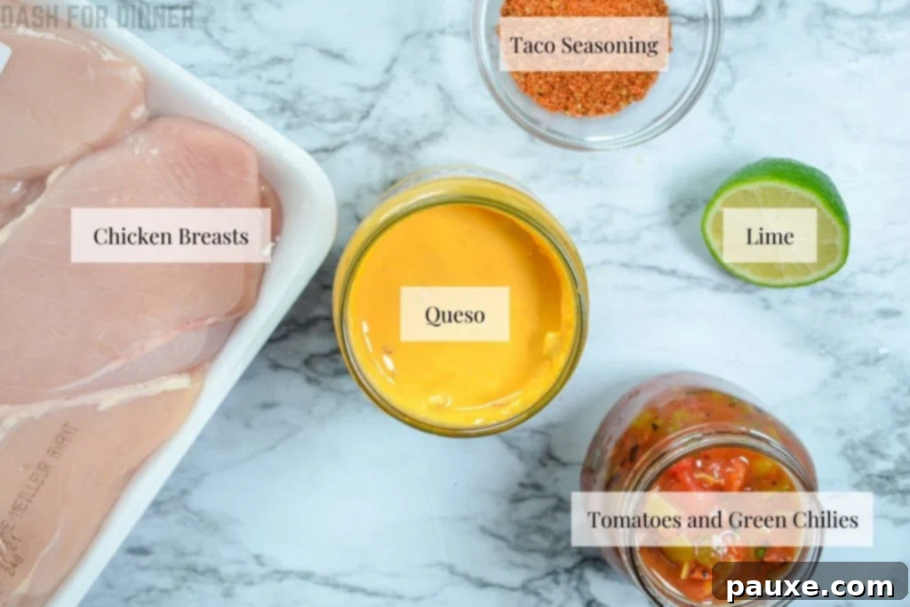 Creamy Slow Cooker Queso Chicken Tacos 4 Ingredients needed to make Slow Cooker Queso Chicken Tacos: Boneless, skinless chicken breasts, queso dip, Rotel diced tomatoes and green chilies, taco seasoning, and fresh lime.