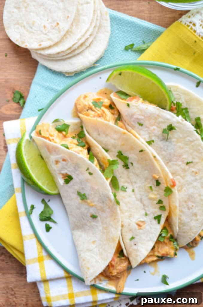 Creamy Slow Cooker Queso Chicken Tacos 5 Close-up of three chicken queso tacos on a plate, with bright napkins and fresh garnishes, ready to be enjoyed.
