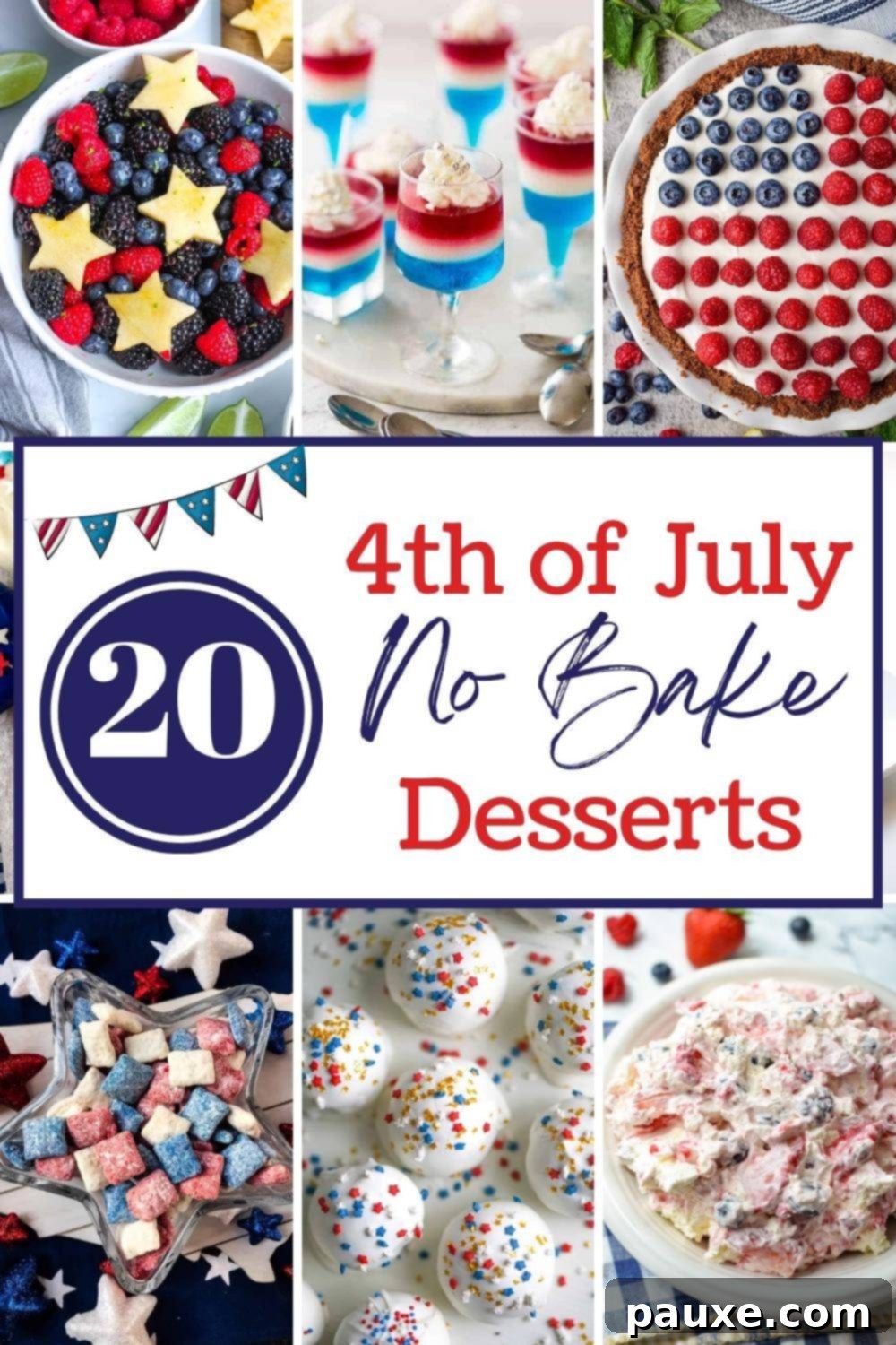 A vibrant collage of red, white, and blue no-bake desserts, perfect for 4th of July celebrations and summer parties.