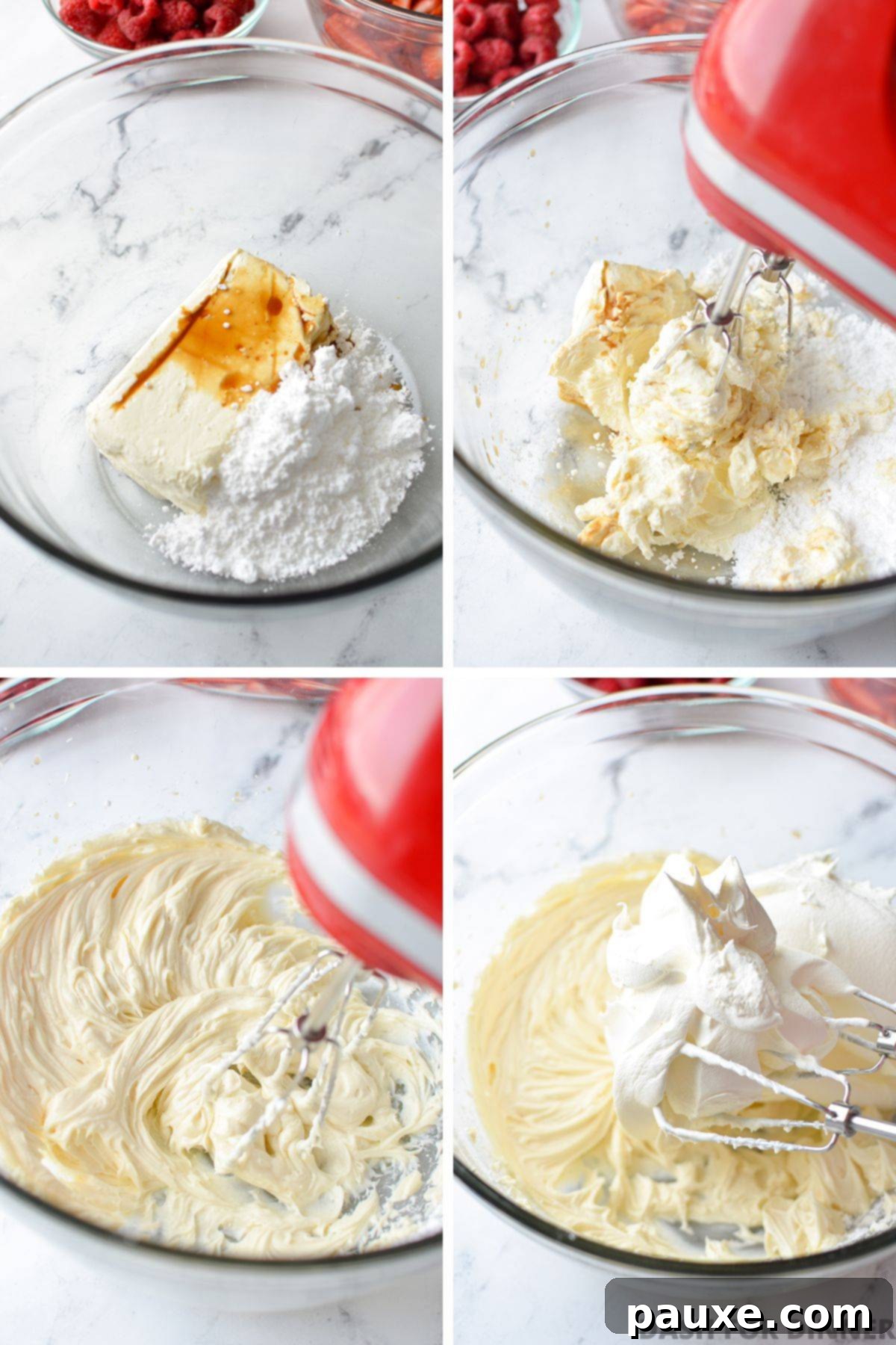 Red, White, and Blue Cheesecake Berry Bliss 4 Making up the cheesecake base for berry salad.