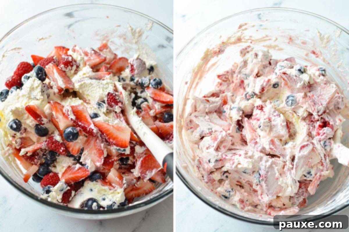 Red, White, and Blue Cheesecake Berry Bliss 6 Folding fresh berries into a cream cheese and whipped topping mixture.