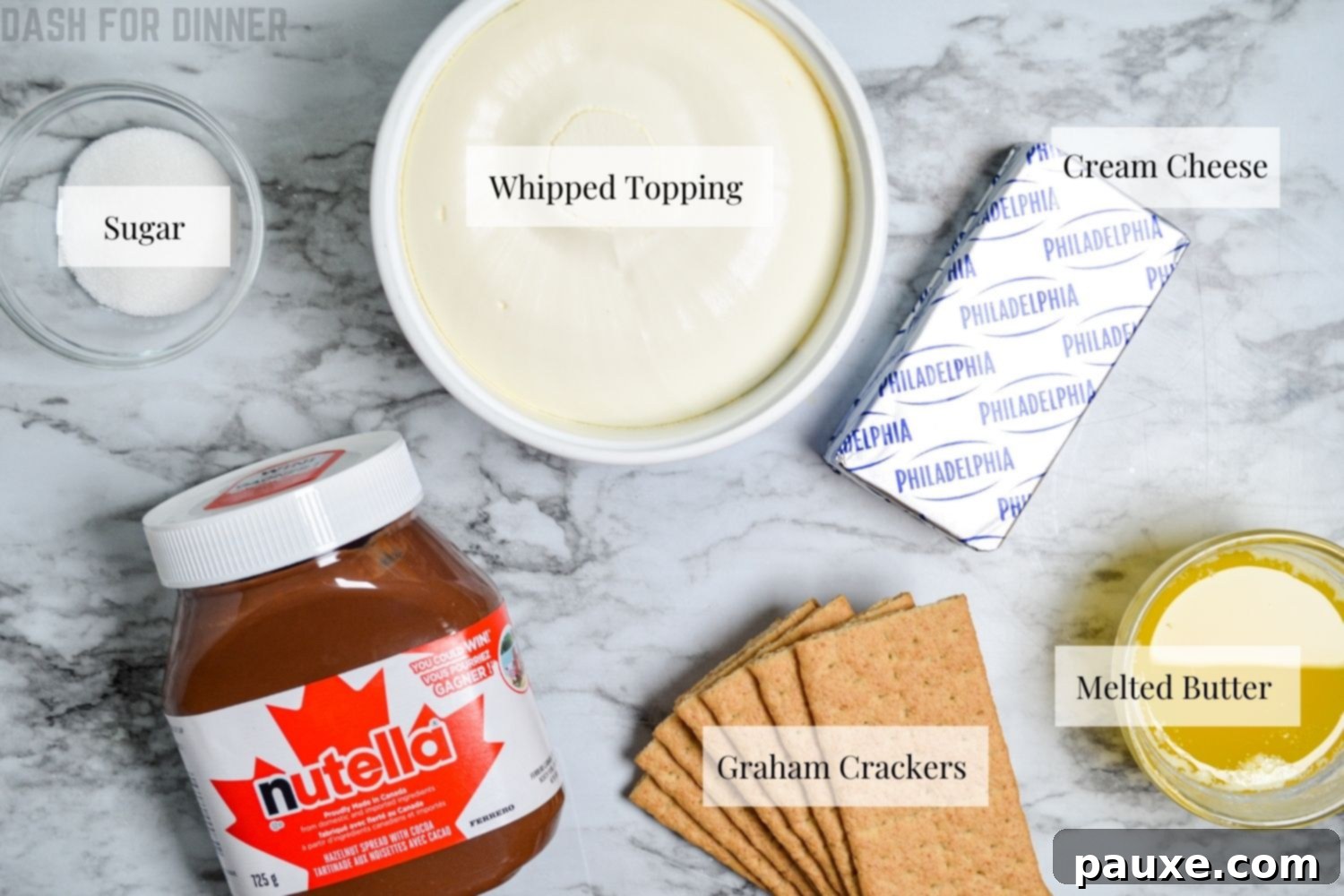The Ingredients needed to make no bake nutella pie, neatly laid out on a kitchen counter.