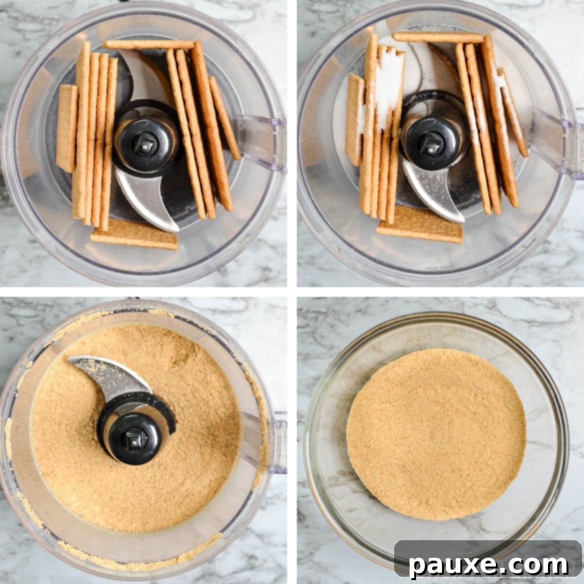 Close-up showing graham crackers being crushed in a food processor, essential for the pie crust.