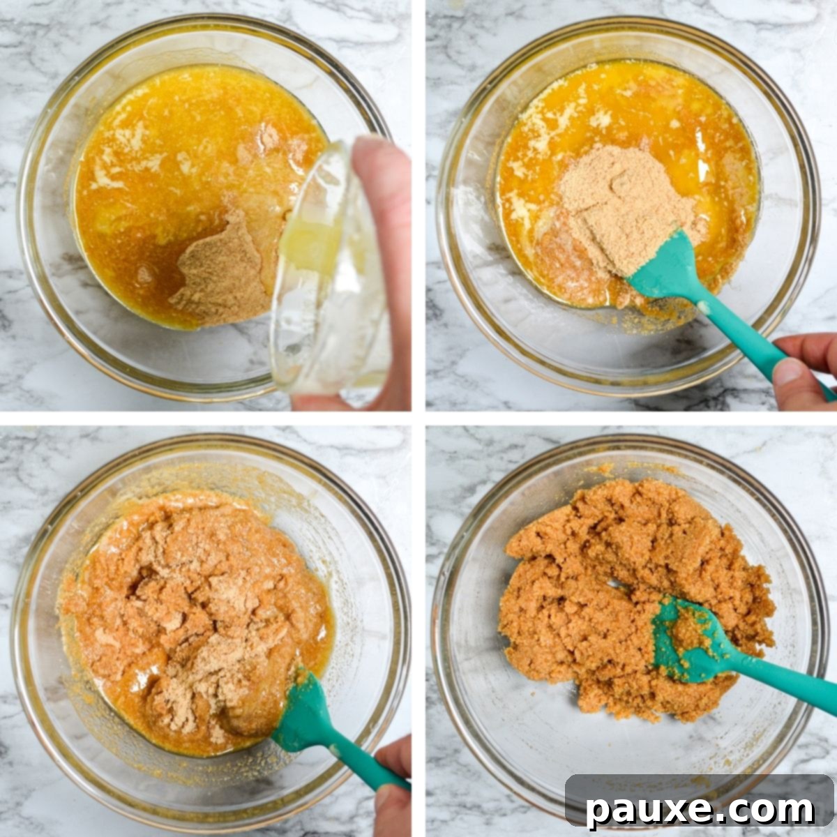 Melted butter being mixed into graham cracker crumbs in a bowl to form the no-bake pie crust.
