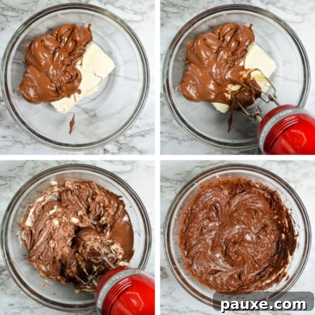 Nutella and softened cream cheese being blended together in a large mixing bowl for the pie filling.