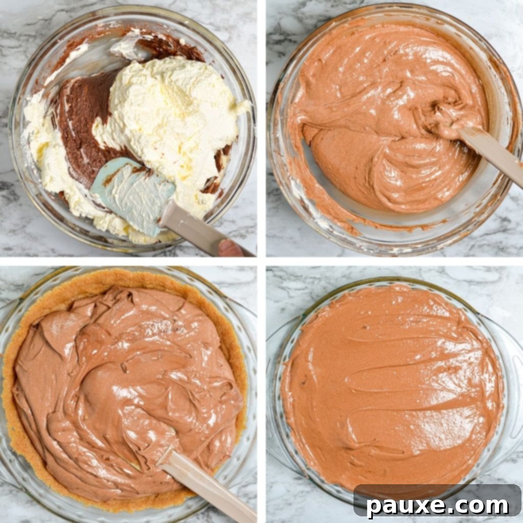Thawed whipped topping being gently folded into the Nutella and cream cheese mixture for the pie filling.