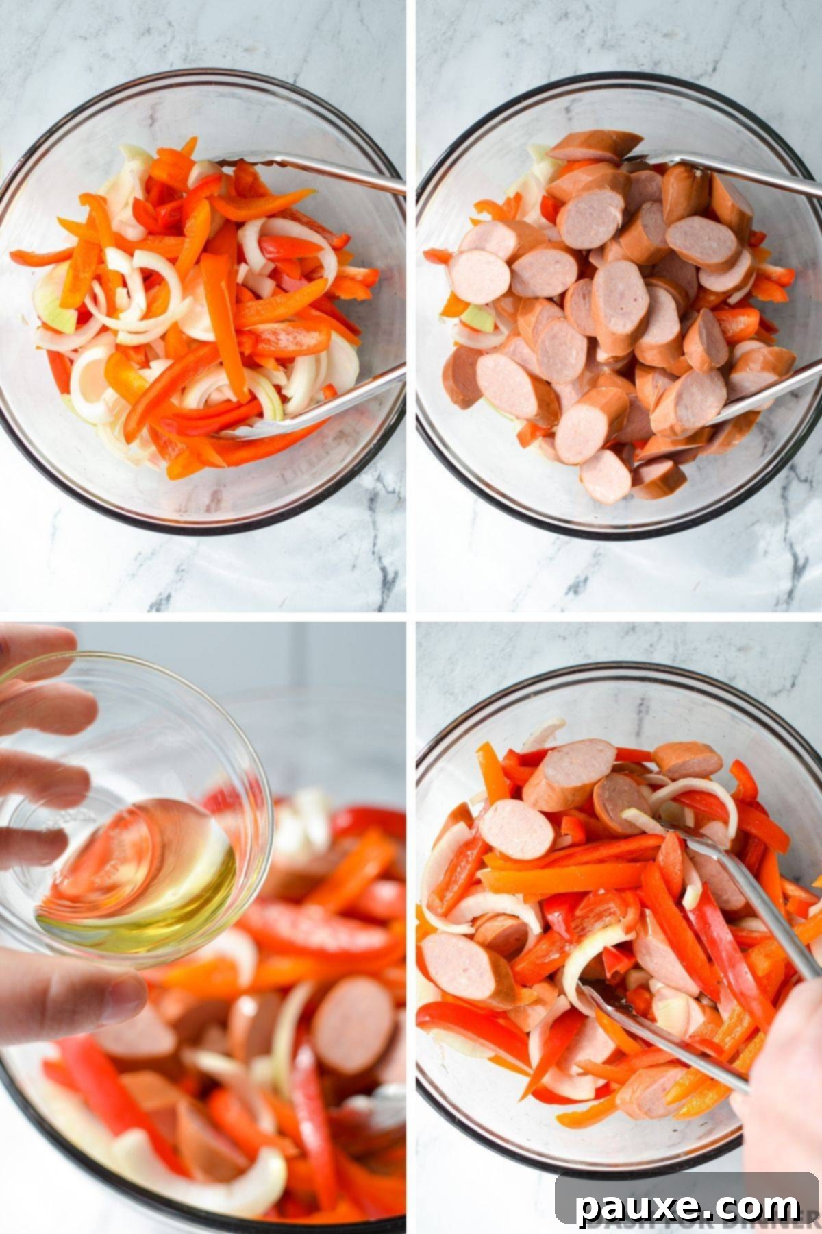 Crispy Air Fryer Sausage and Peppers 4 Adding peppers, sausage slices, and sliced onions to a large bowl. Then, adding oil and tossing with tongs.