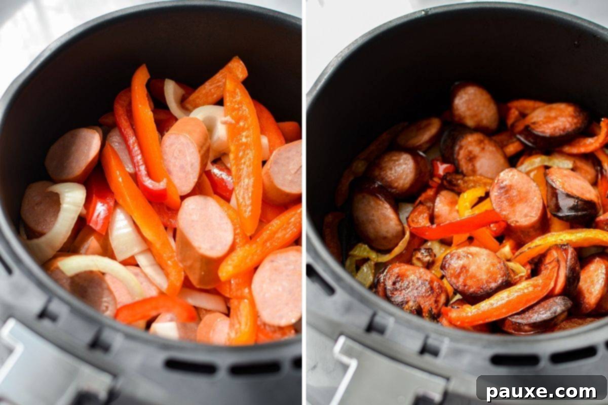 Crispy Air Fryer Sausage and Peppers 5 Cooking sausage and peppers in an air fryer basket.