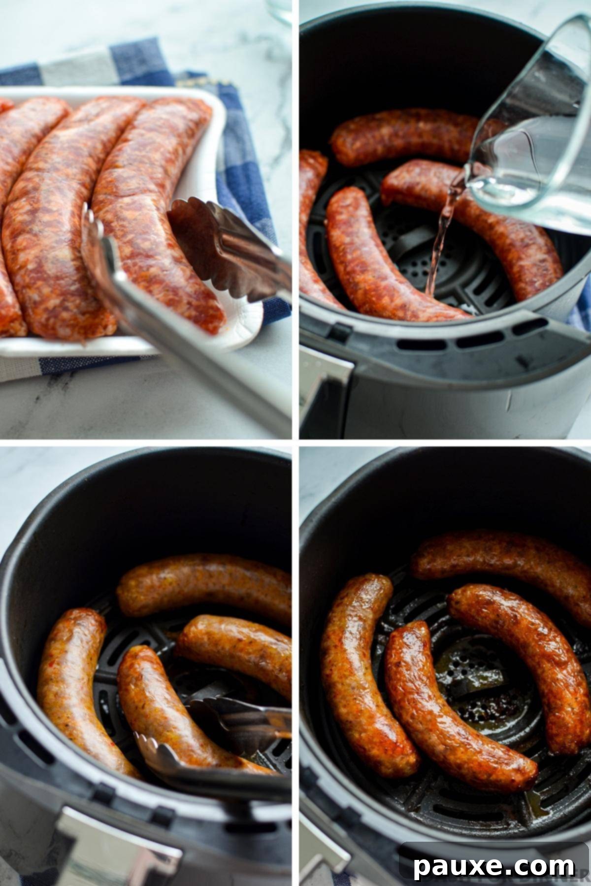 Crispy Air Fryer Italian Sausages 4 Adding fresh Italian sausages in a single layer to an air fryer basket before cooking.