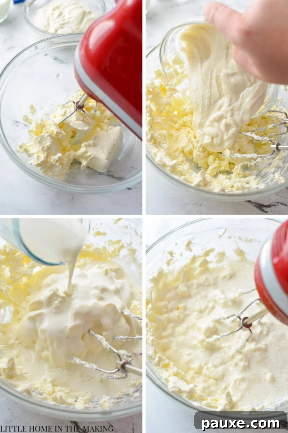 Effortless Cheesecake Delight 4 Close-up shot of cream cheese being whipped with Greek yogurt and milk in a bowl using an electric hand mixer, creating a smooth cheesecake base.