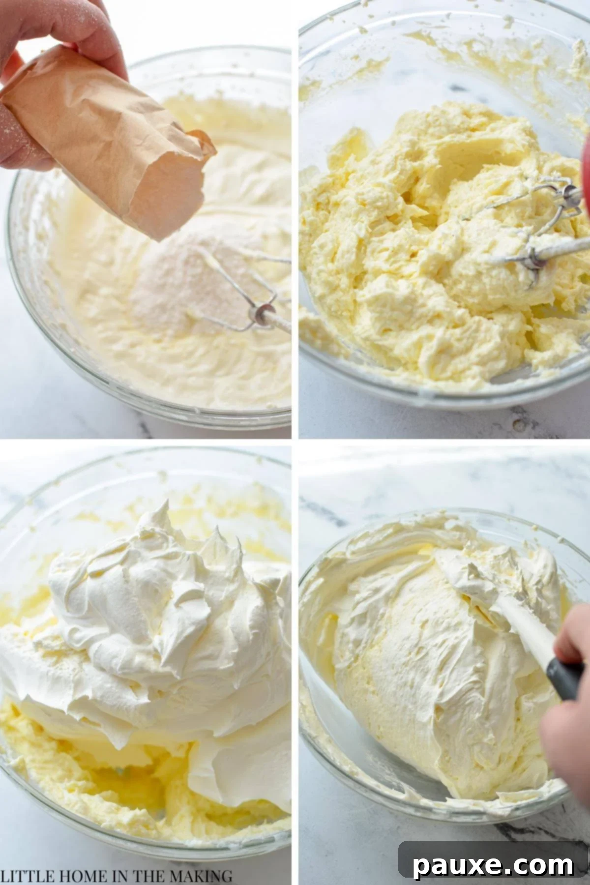 Effortless Cheesecake Delight 5 Thawed whipped topping and vanilla pudding mix being added to a creamy cheesecake base in a mixing bowl, prior to blending.