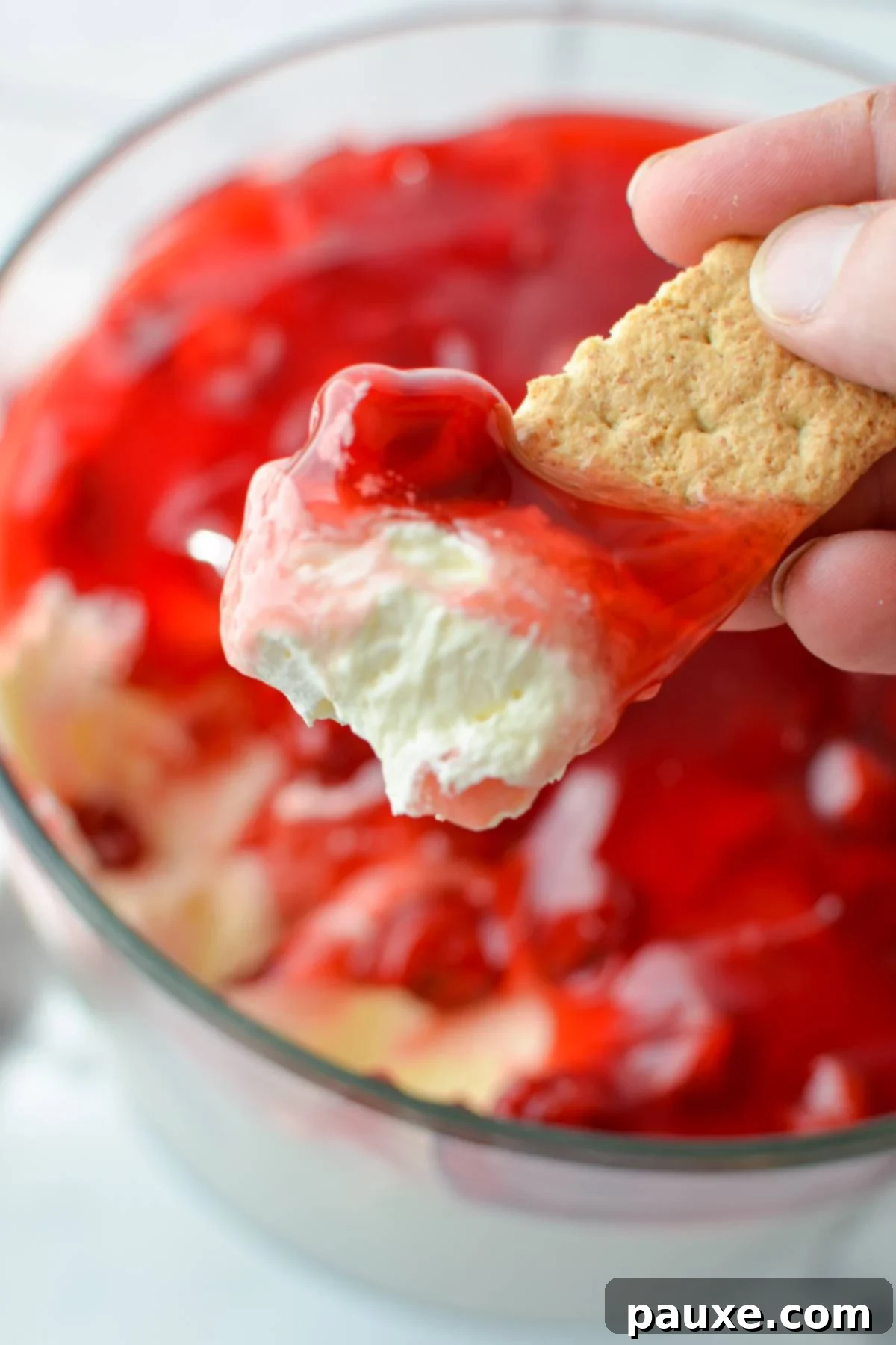 Effortless Cheesecake Delight 10 A single graham cracker being dipped into the creamy, fruit-topped no-bake cheesecake salad, showcasing its appeal as a dessert dip.