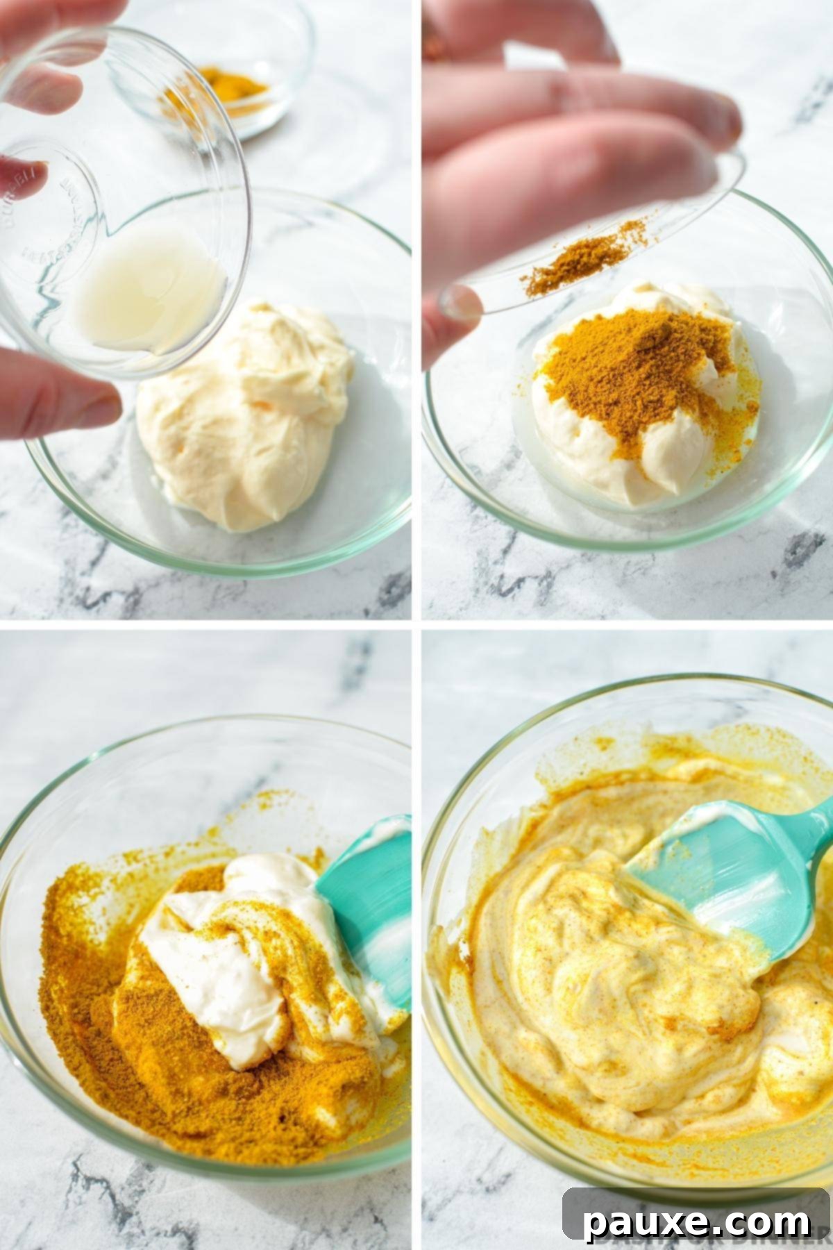 Creamy Homemade Curry Aioli 4 Adding lemon juice and curry powder into a bowl of mayonnaise, ready for mixing.