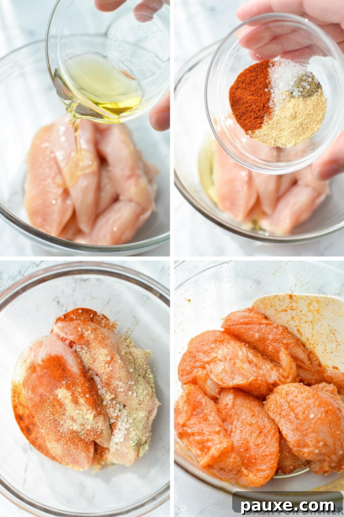 Air Fryer Naked Chicken Tenders 4 Raw chicken tenders being tossed in a bowl with avocado oil and a blend of spices.