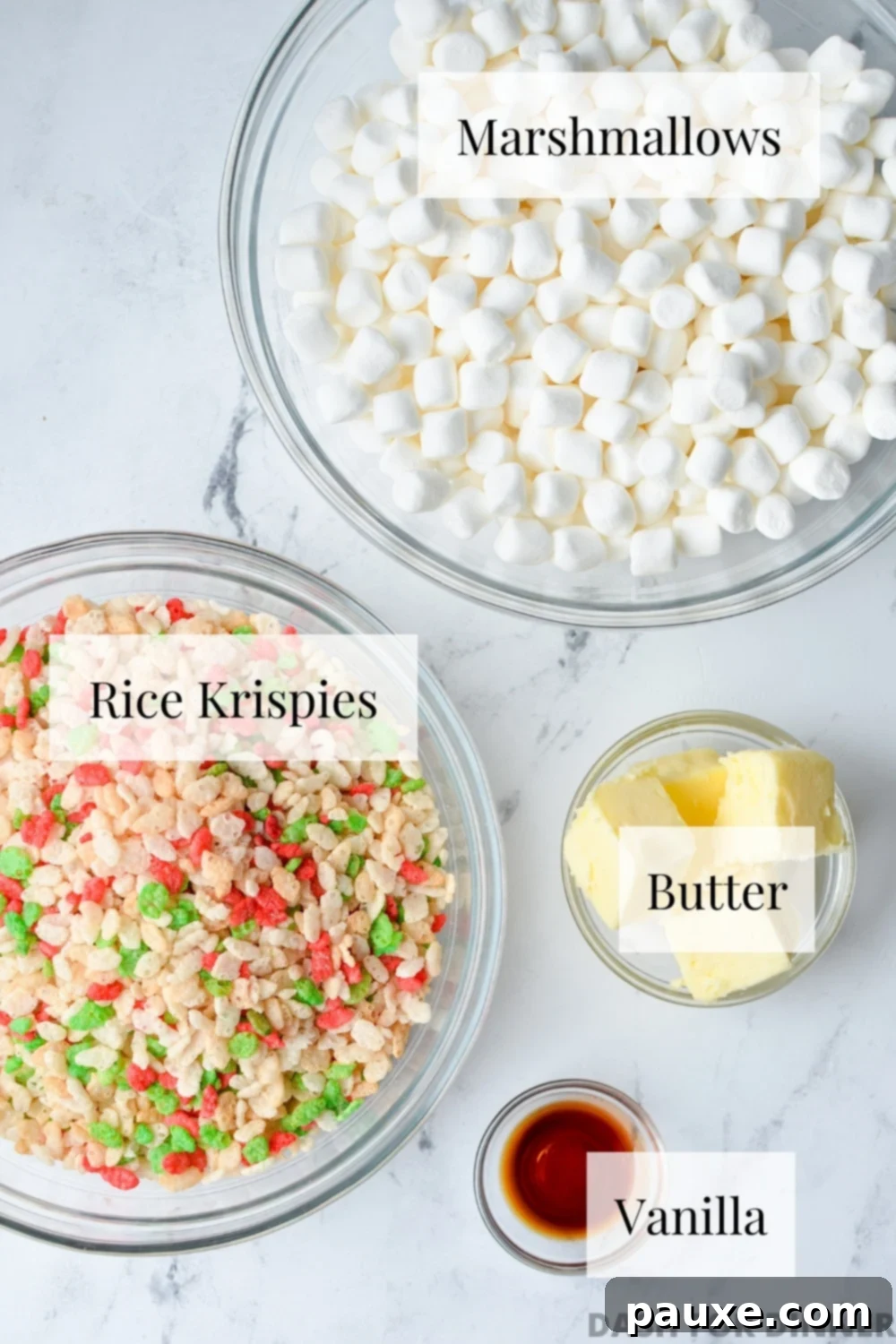Festive Christmas Rice Krispie Treats 3 The ingredients need to make Rice Krispies treats: cereal, marshmallows, butter, and vanilla.