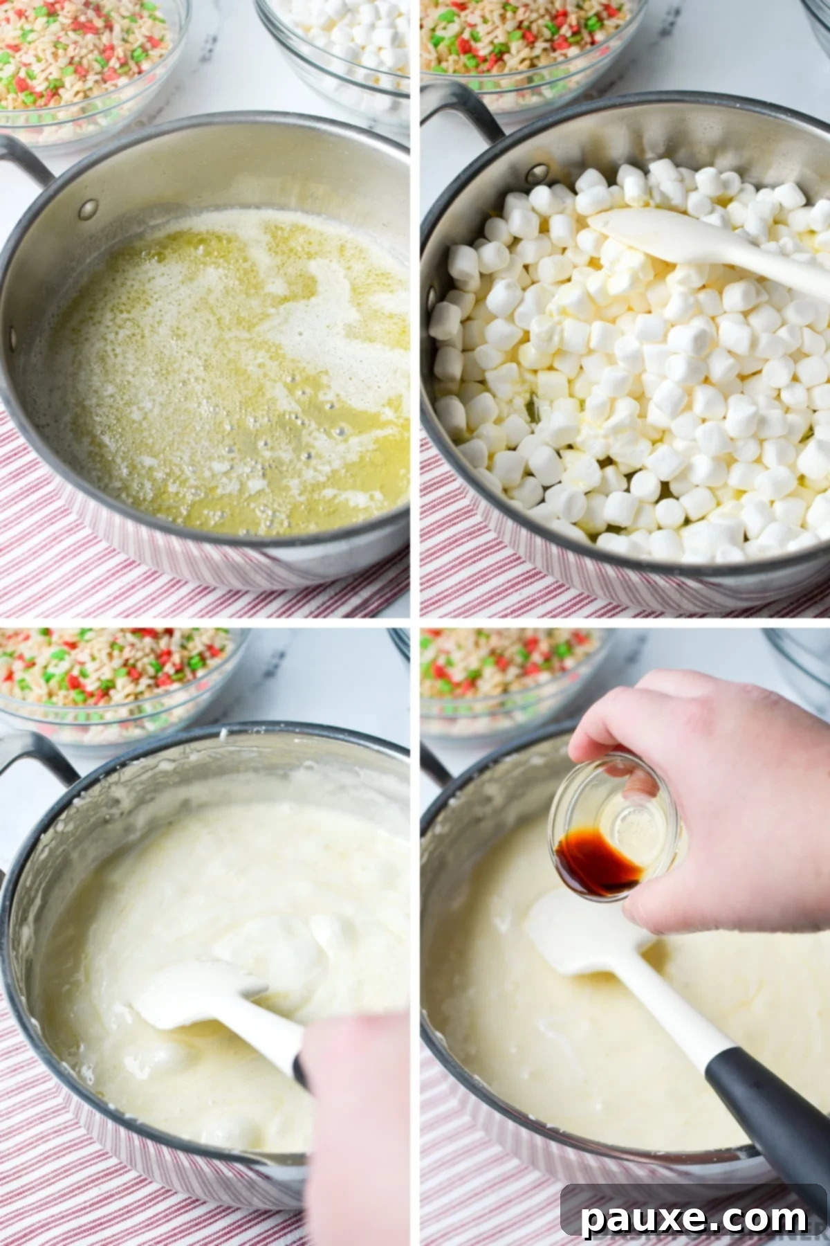 Festive Christmas Rice Krispie Treats 4 Melting butter and marshmallows together in a large skillet.