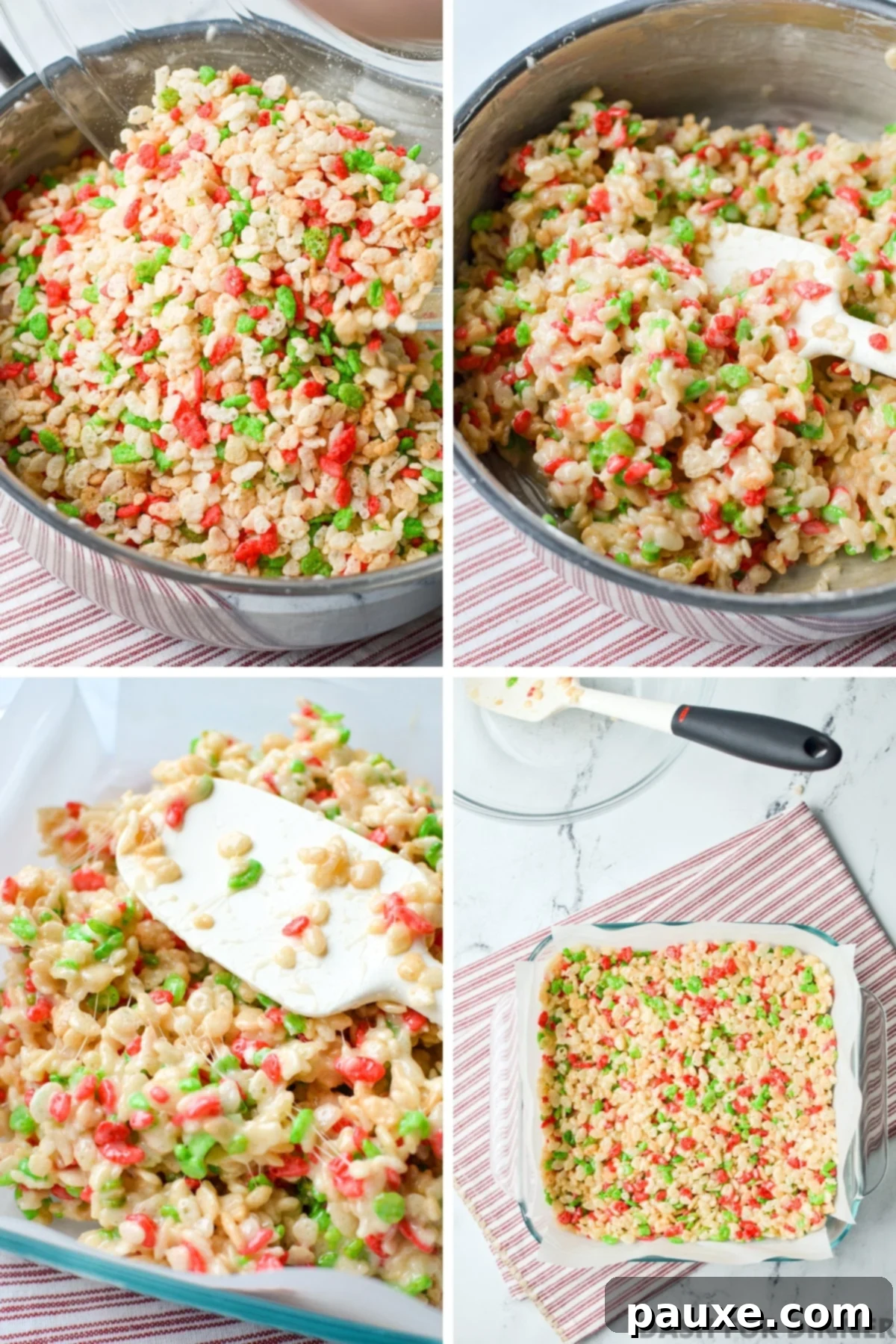 Festive Christmas Rice Krispie Treats 5 Mixing cereal in with marshmallows to form a base for treats.