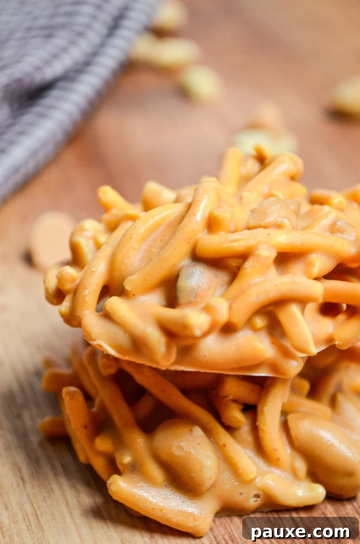 Quick No-Bake Butterscotch Haystacks 2 Two butterscotch haystack cookies, showcasing their sweet and salty appeal.
