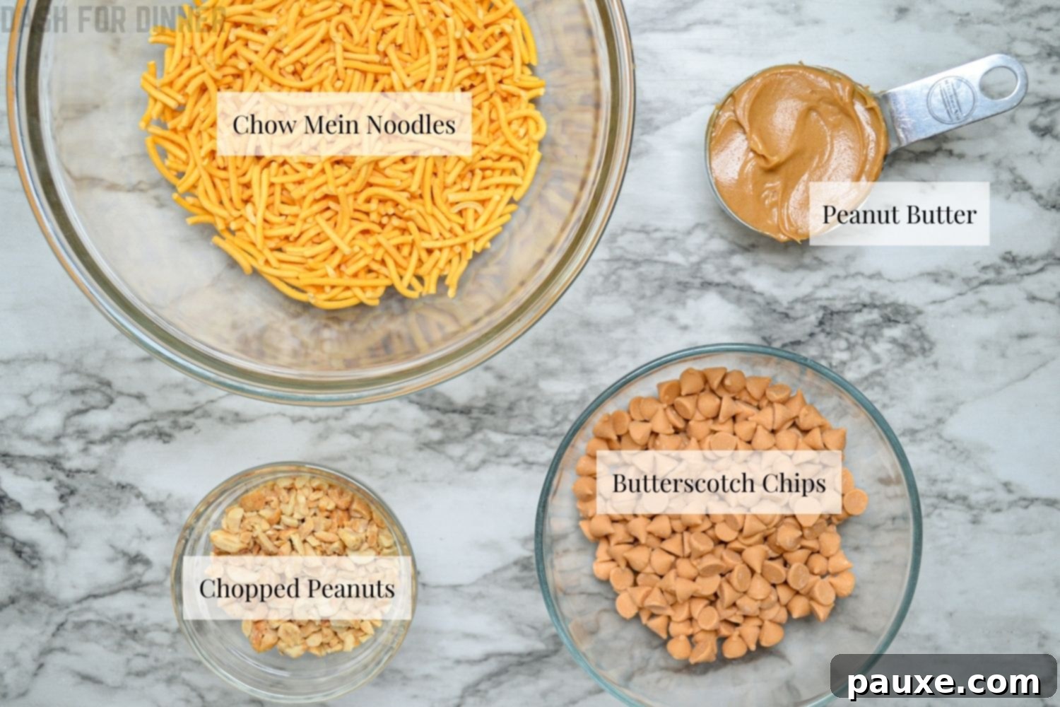 Quick No-Bake Butterscotch Haystacks 3 The simple ingredients needed to make delicious butterscotch haystacks.