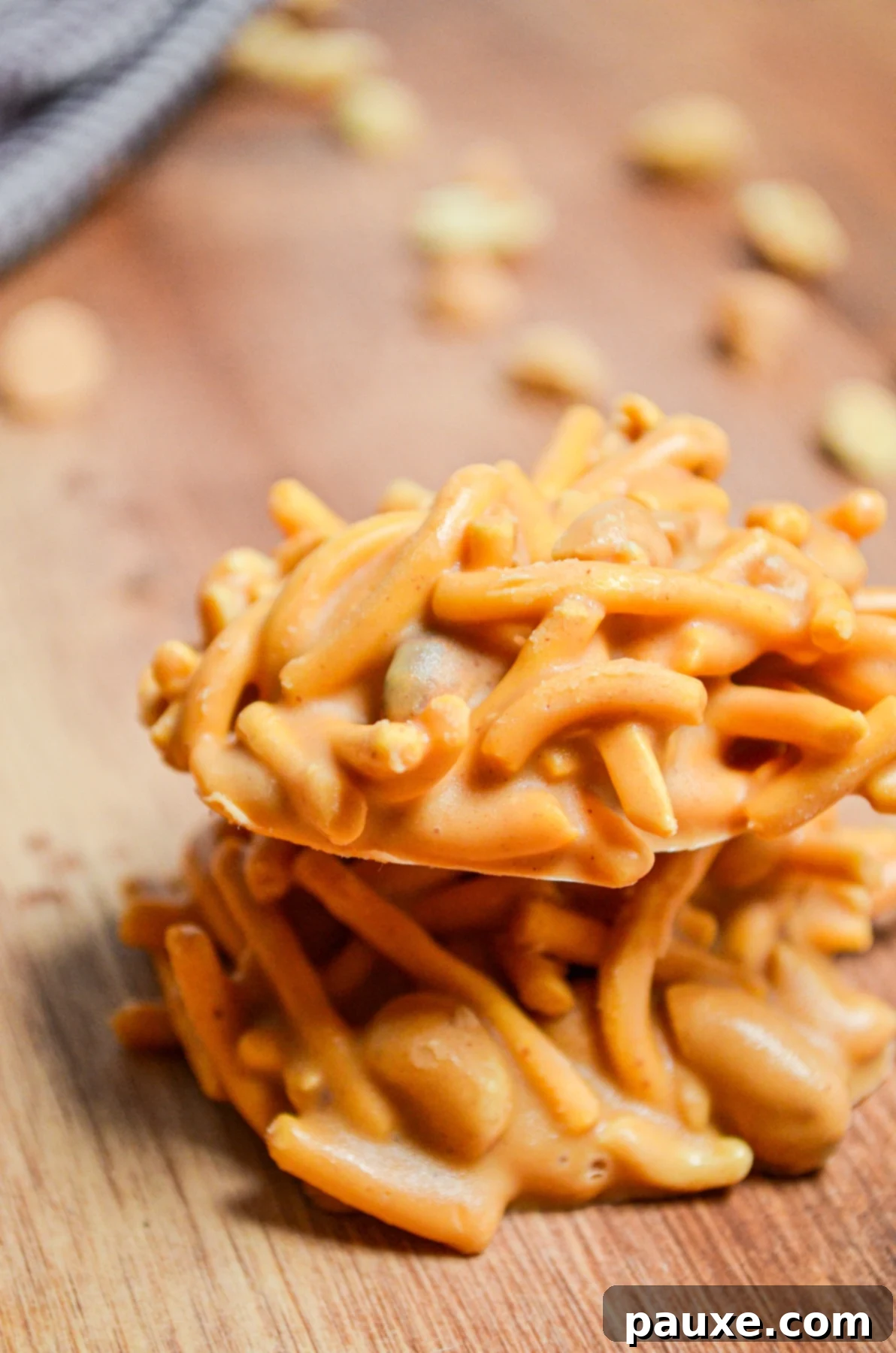 Quick No-Bake Butterscotch Haystacks 6 Two butterscotch haystack cookies, showcasing their inviting texture.