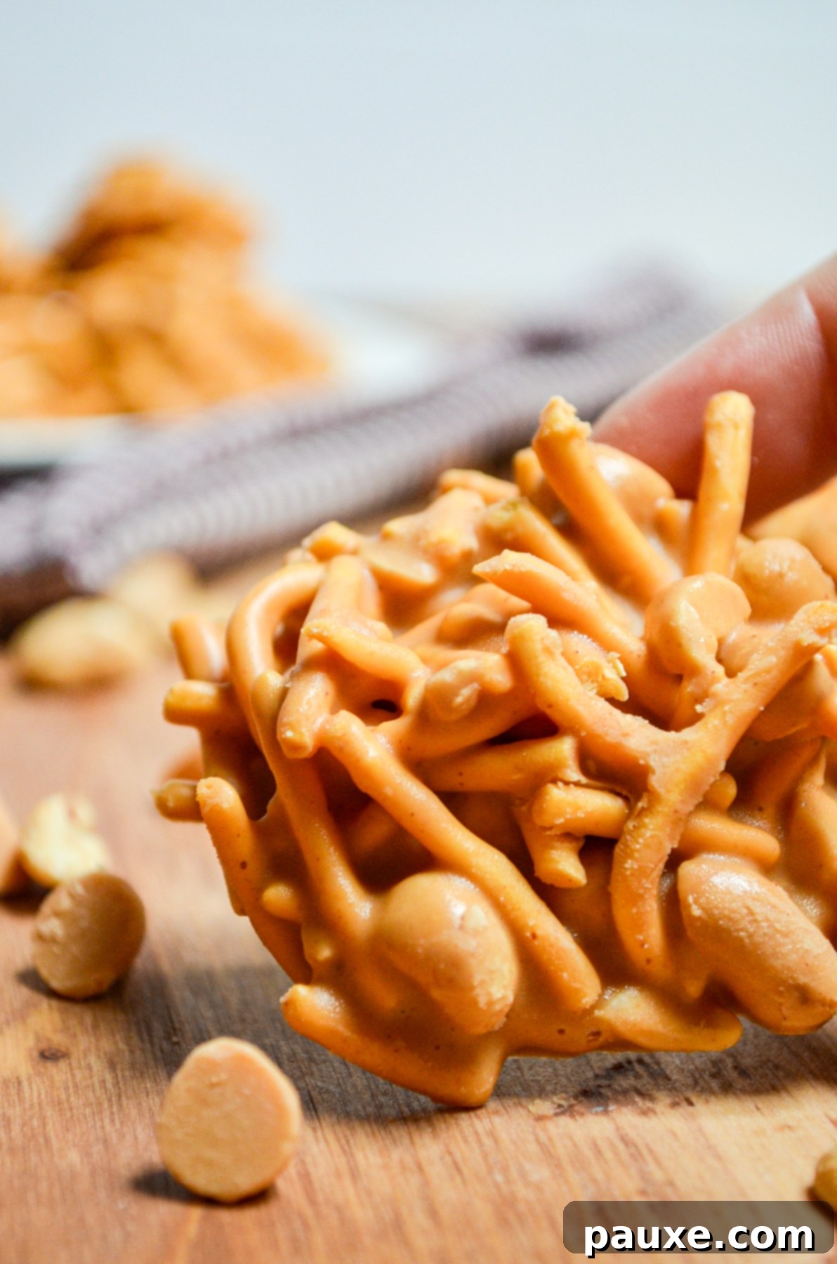Quick No-Bake Butterscotch Haystacks 9 A close-up view of a pile of delicious butterscotch haystack cookies.