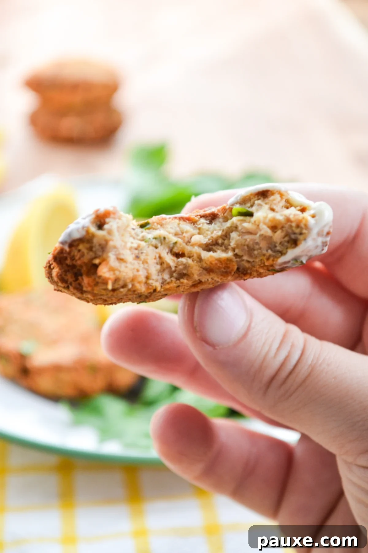 Crispy Air Fryer Salmon Cakes 3 A salmon patty with a bite taken out of it.
