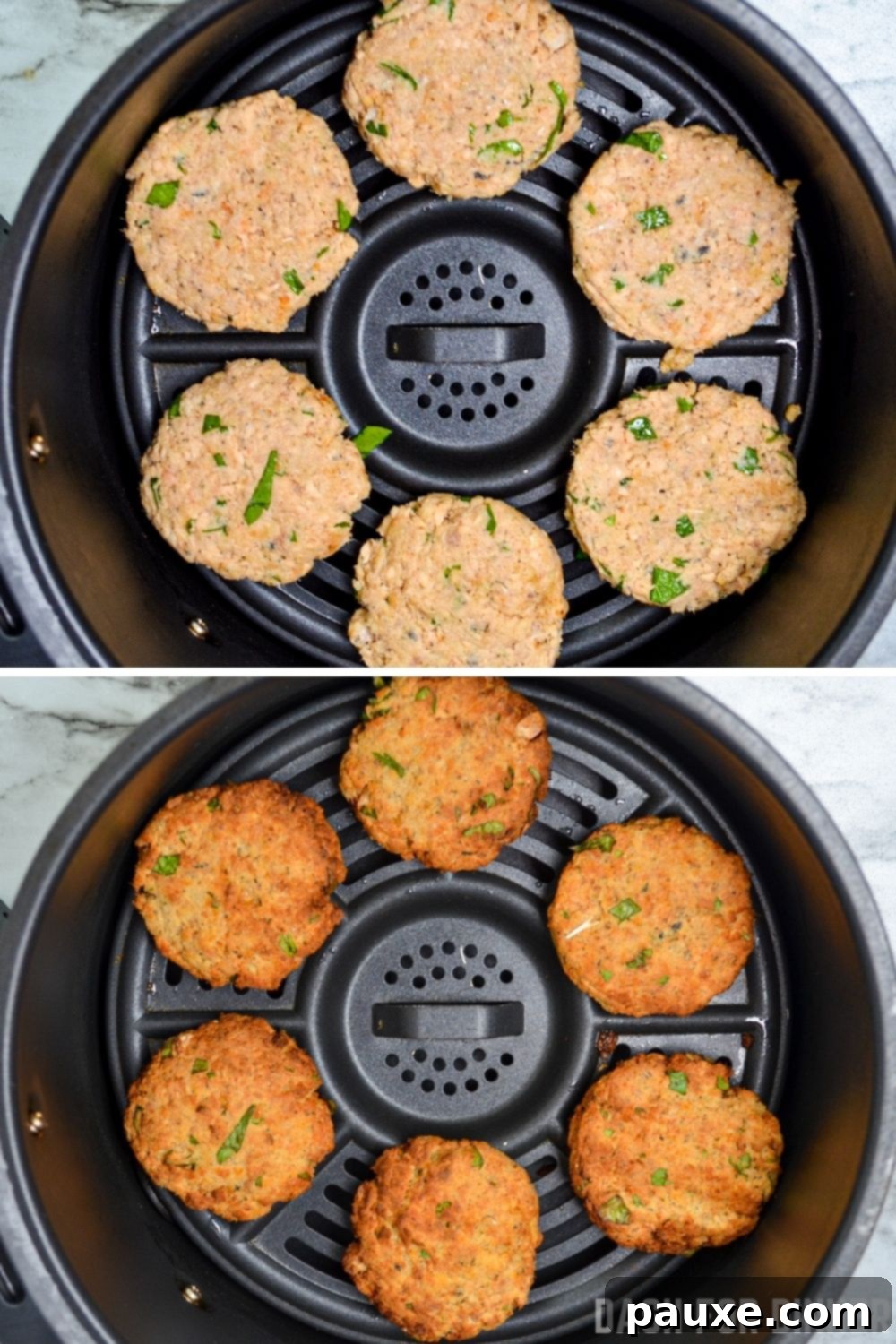 Crispy Air Fryer Salmon Cakes 8 salmon patties, cooked in an air fryer basket.