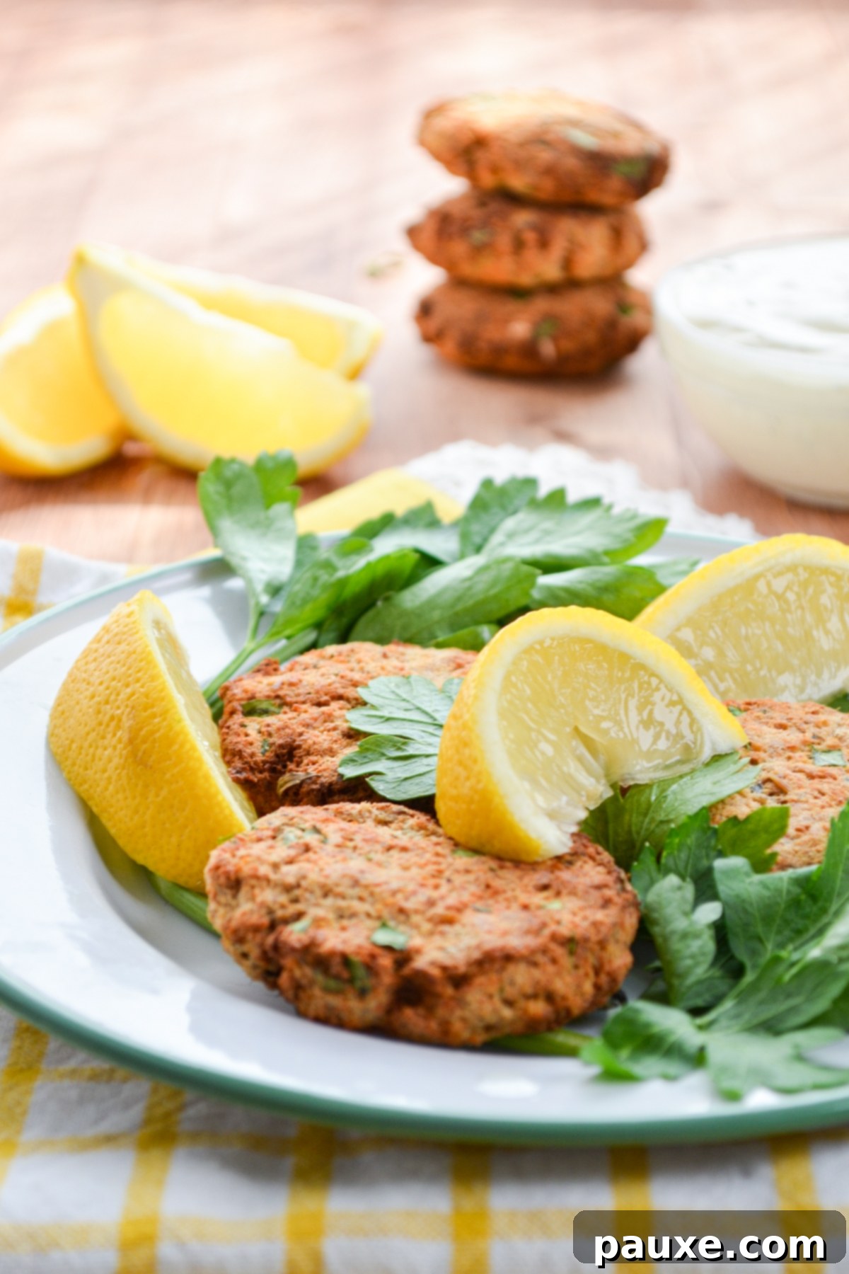 Crispy Air Fryer Salmon Cakes 9 Salmon patties, served on a plate and garnished with fresh parsley and lemon wedges.