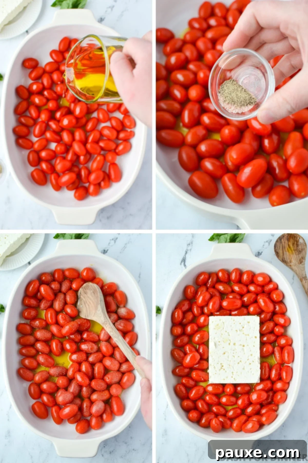 Roasted Tomato and Feta Pasta 4 Fresh cherry tomatoes being added to a baking dish for baked feta pasta.