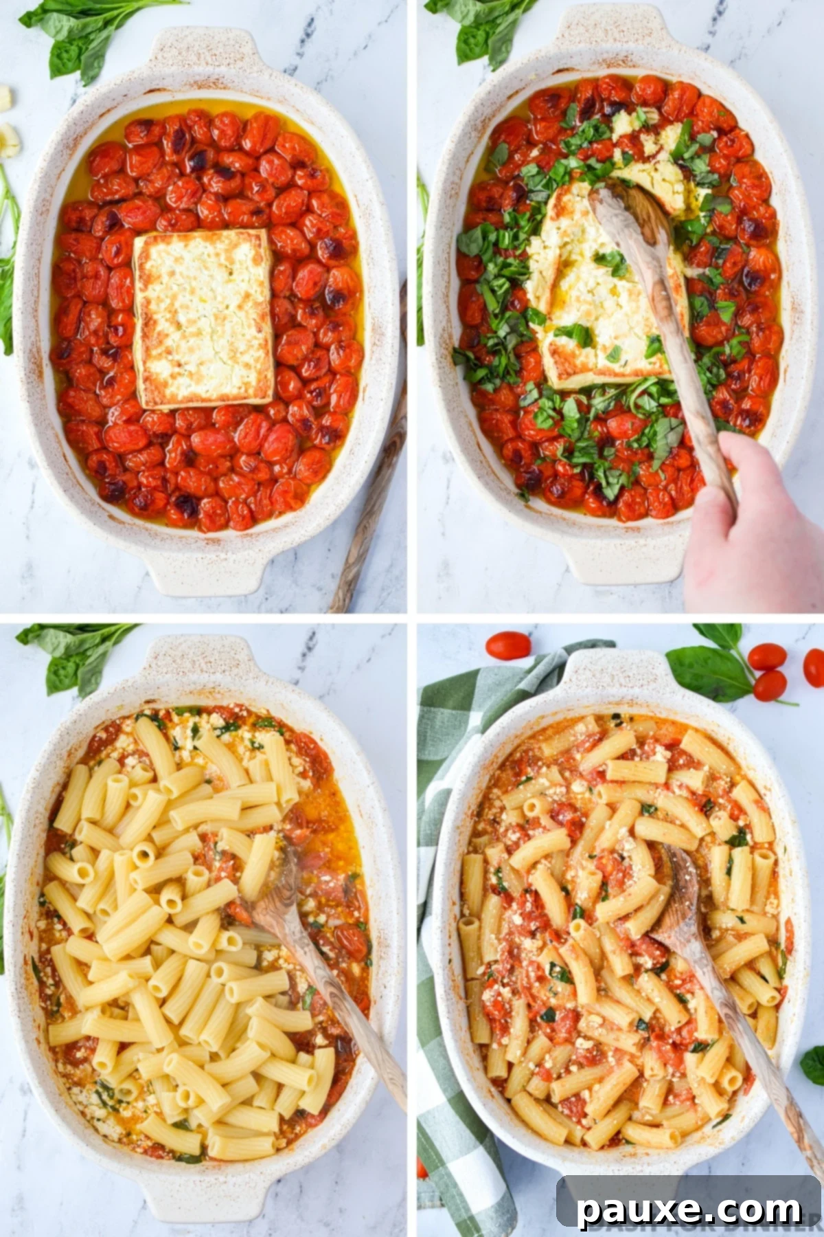 Roasted Tomato and Feta Pasta 5 Crushing baked feta cheese and blistered cherry tomatoes together in a baking dish to form a sauce.