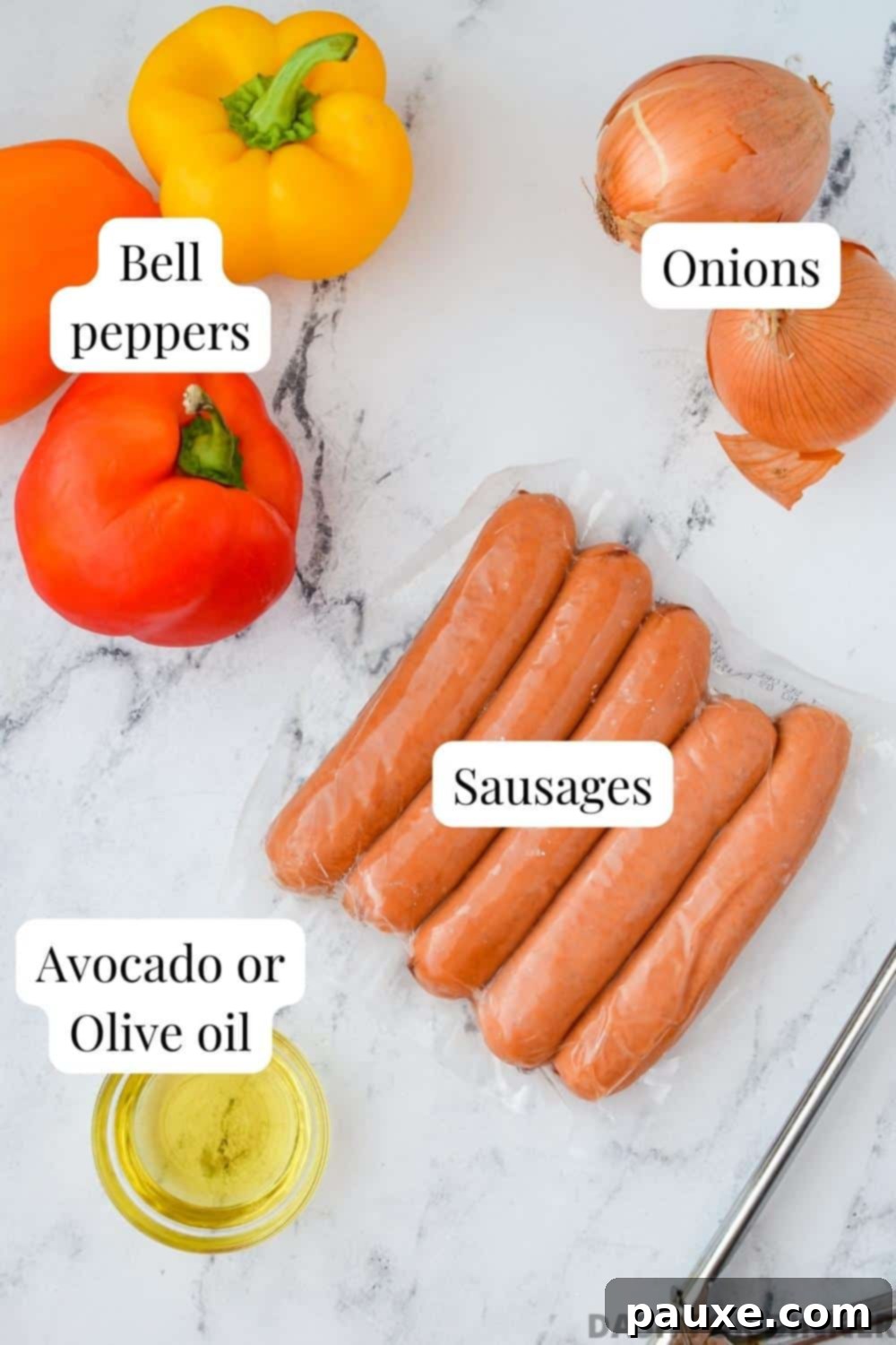 One-Pan Smoked Sausage and Peppers Feast 3 The essential ingredients neatly arranged for making sausage and peppers: smoked sausage, a trio of colorful bell peppers, fresh onions, and a bottle of cooking oil.