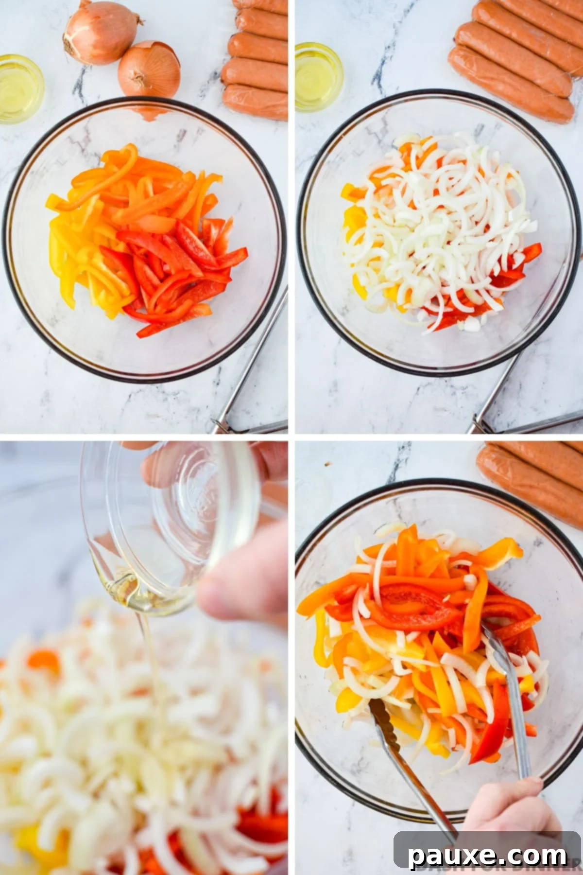 One-Pan Smoked Sausage and Peppers Feast 4 Sliced bell peppers and onions being added to a large mixing bowl, ready for seasoning.