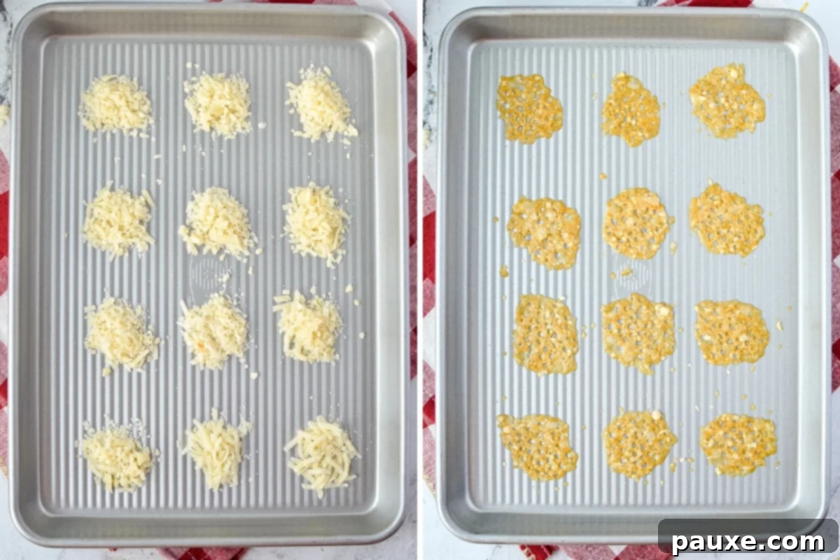 Crispy Parmesan Bites 6 Mounds of finely shredded Parmesan cheese baking on a parchment-lined sheet pan, demonstrating an alternative method.